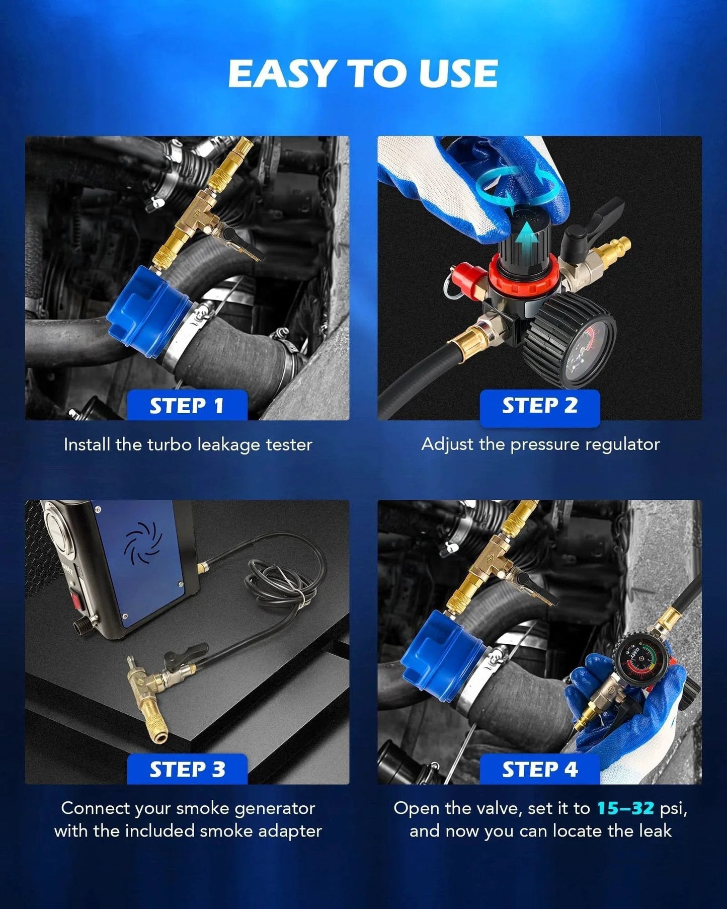 Turbo Boost Leak Tester Kit with Smoke Adapter and 6 Pairs of Stepped Adapters 1.2 to 3.5 Inches installation steps