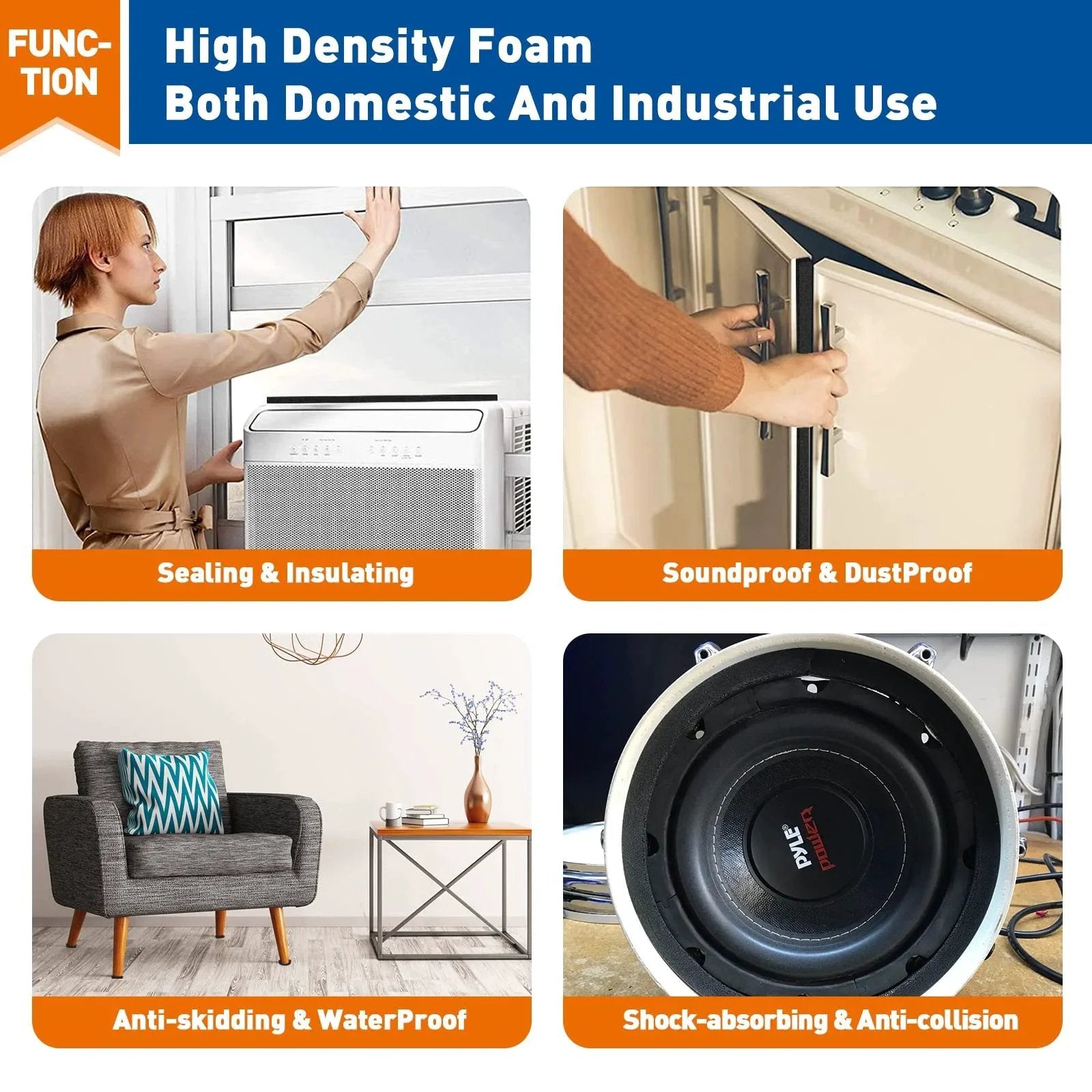 Collage of high-density foam uses for domestic and industrial tasks including sealing and soundproofing.