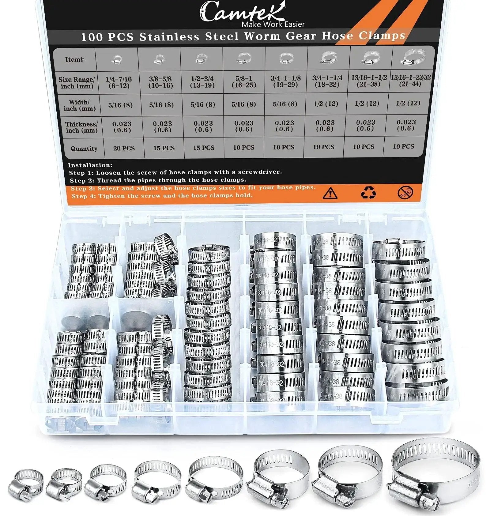 100 Piece Stainless Steel Hose Clamp Set For Plumbing Automotive And Mechanical Use Adjustable 6 To 44mm Worm Gear Duct Pipe Clamp