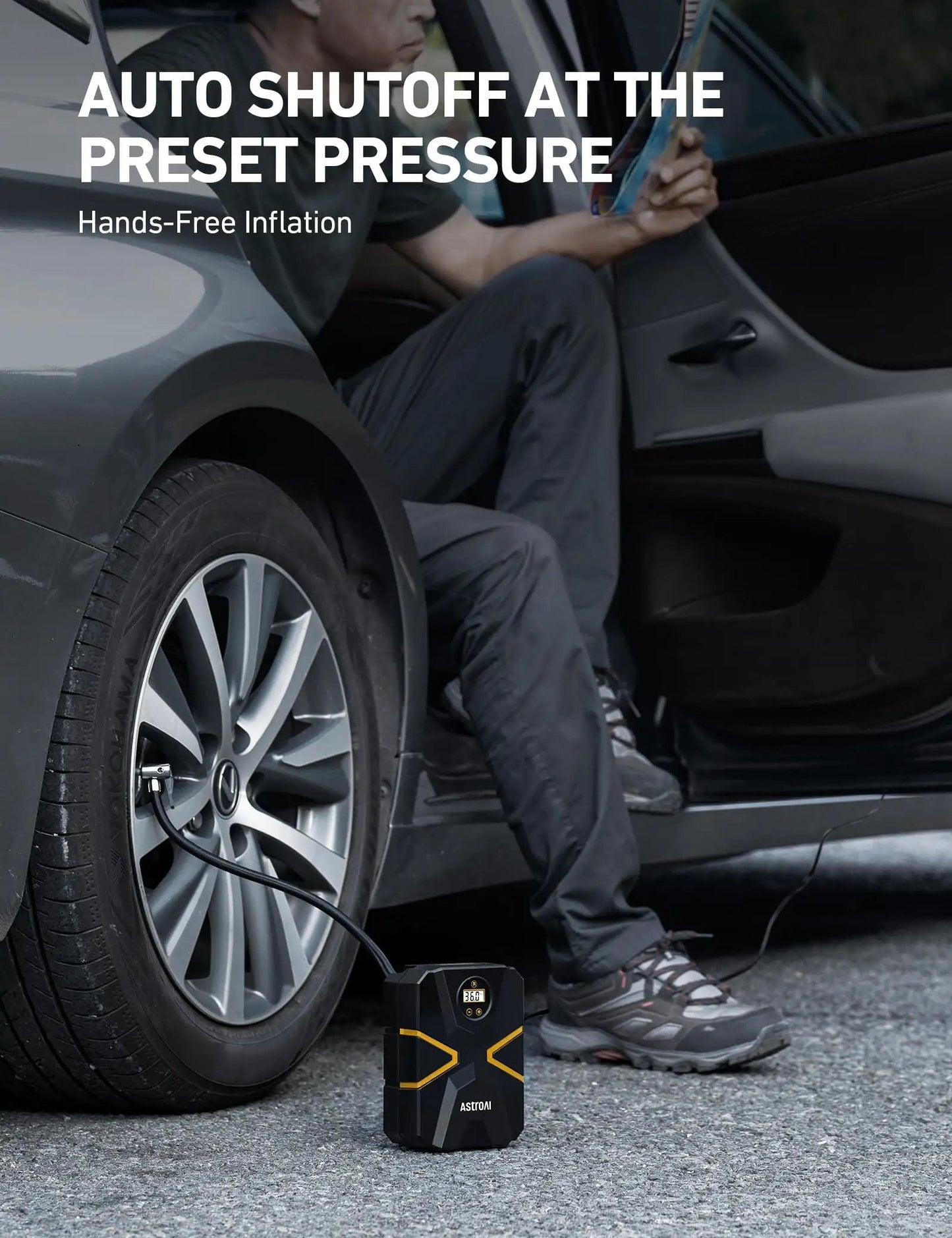 Portable 12V Tire Inflator With Digital Gauge And Auto Shutoff Preset To 150 PSI For Cars Motorcycles Bicycles And Inflatables On The Go Built In Quick Connect Nozzle AstroAI used hands-free for tire inflation.