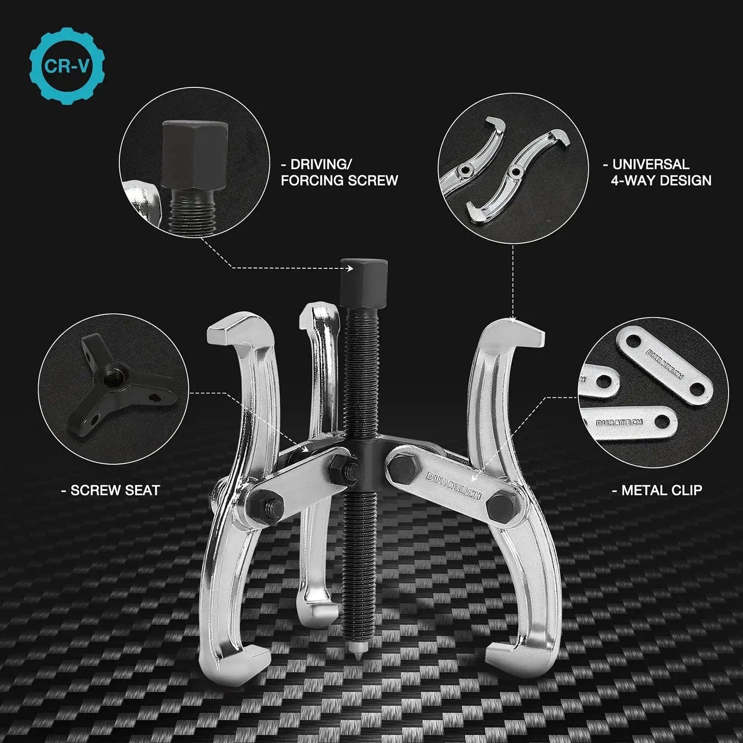 4 Inch 3 Jaw Gear Puller for Removing Gears Pulleys Bearings and Flywheels, fully assembled, drop forged CRV steel jaws, on carbon-fiber backdrop.