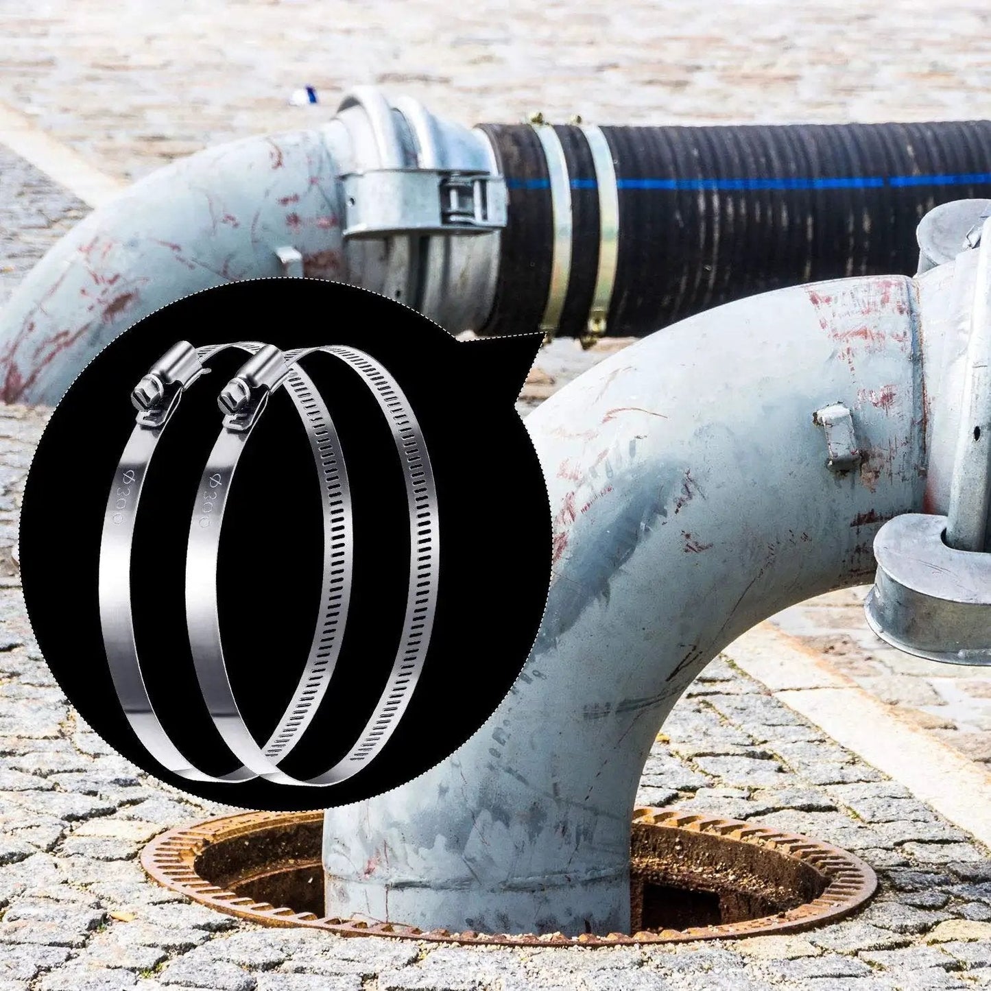 12 Inch Adjustable 304 Stainless Steel Duct Clamps Worm Gear Hose Clamps Pack for Pipe Intercooler Plumbing Tube and Fuel Line 4 Pieces Leak Proof Corrosion Resistant Clamp Set Boao on an outdoor industrial pipe.