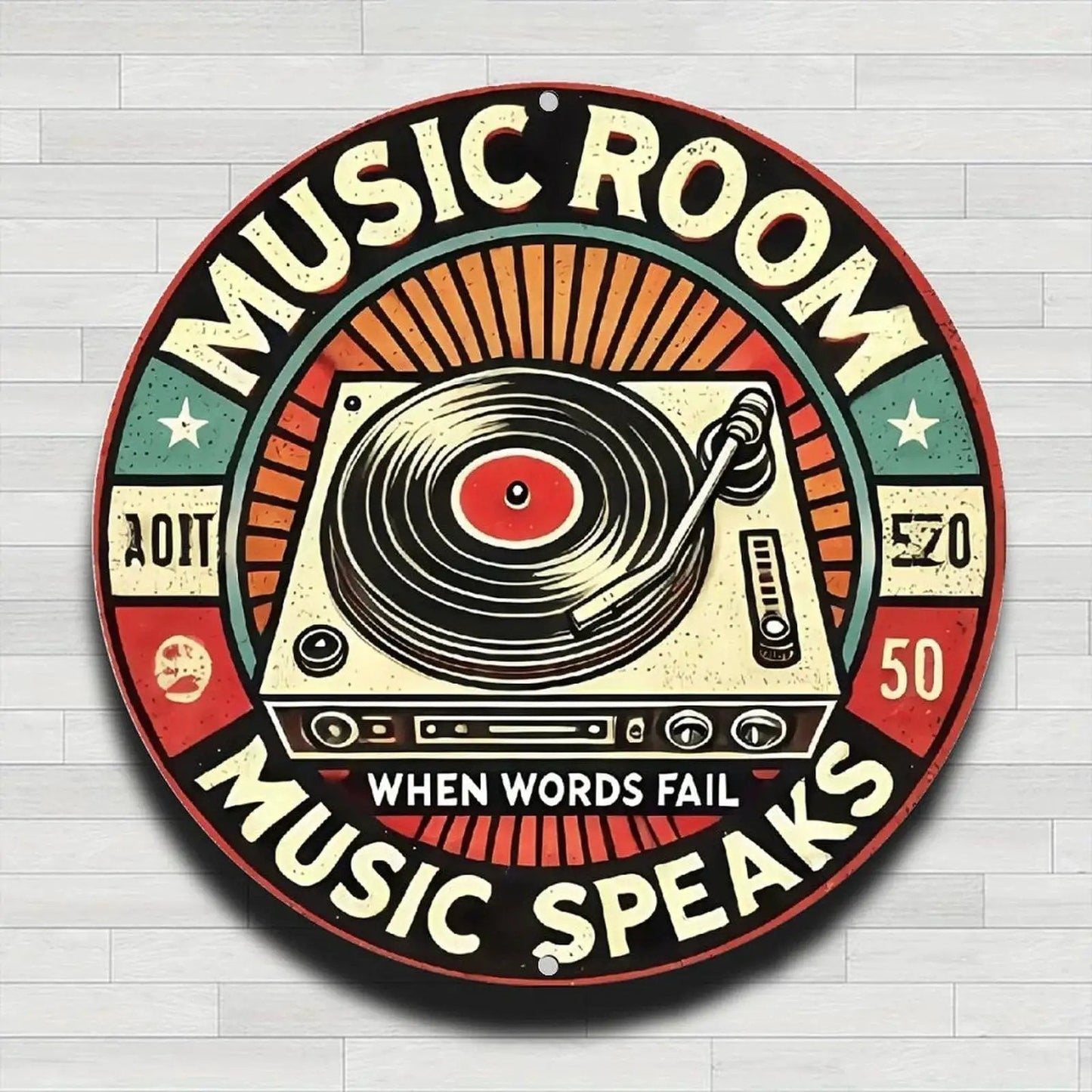 Retro Music Room Sign Featuring Turntable Design Round Aluminum Wall Art For Home Office Cafe And Yard Indoor Outdoor Decor Durable Rust Resistant Metal With Full Surface UV Printing For Bright Long Lasting Colors