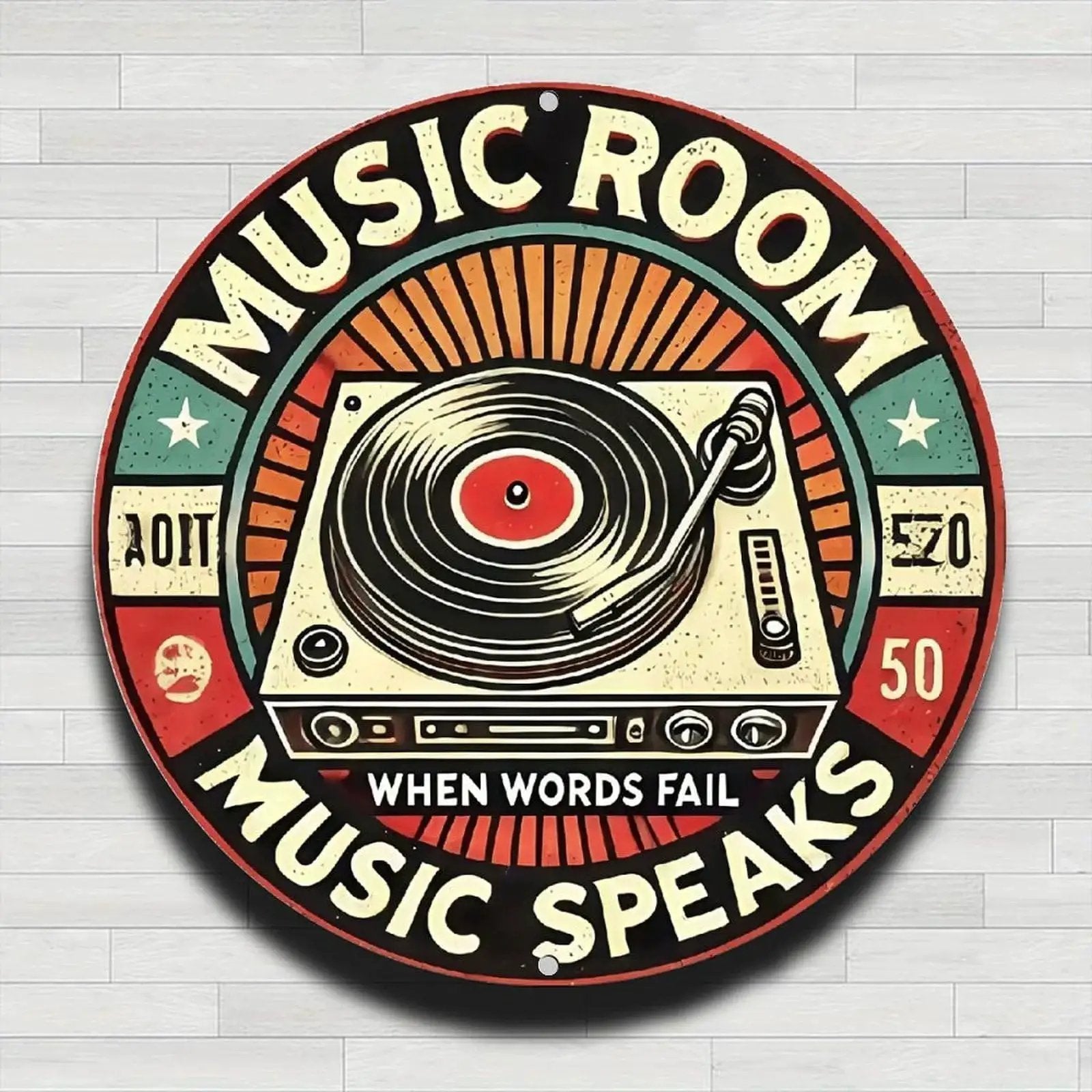 Retro Music Room Sign Featuring Turntable Design Round Aluminum Wall Art For Home Office Cafe And Yard Indoor Outdoor Decor Durable Rust Resistant Metal With Full Surface UV Printing For Bright Long Lasting Colors