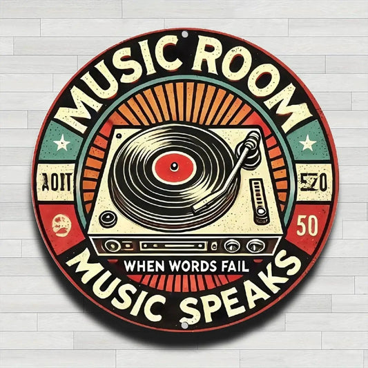 Retro Music Room Sign Featuring Turntable Design Round Aluminum Wall Art For Home Office Cafe And Yard Indoor Outdoor Decor Durable Rust Resistant Metal With Full Surface UV Printing For Bright Long Lasting Colors