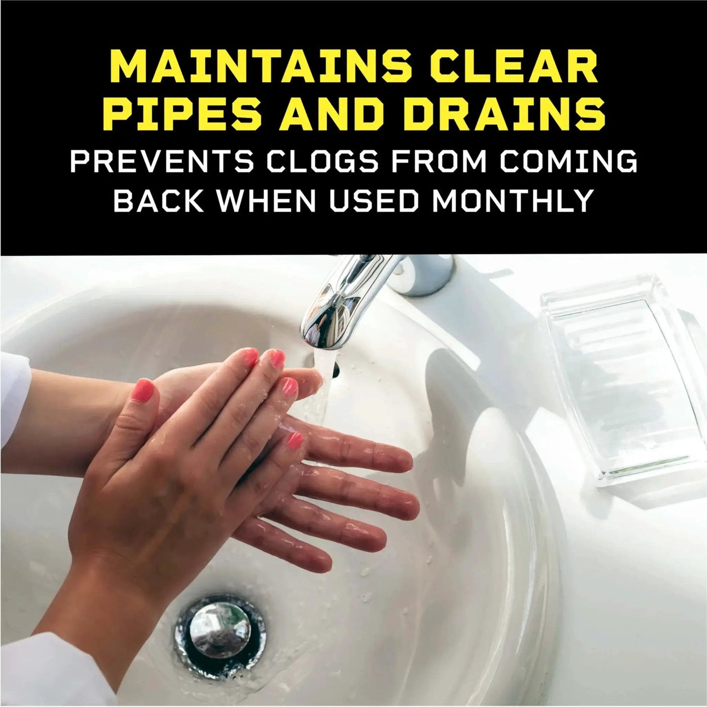 Hands washing in sink with text 'Maintains Clear Pipes and Drains' using Pro Strength Clog Destroyer Gel For Drains Liquid Drain Cleaner 80 Oz.