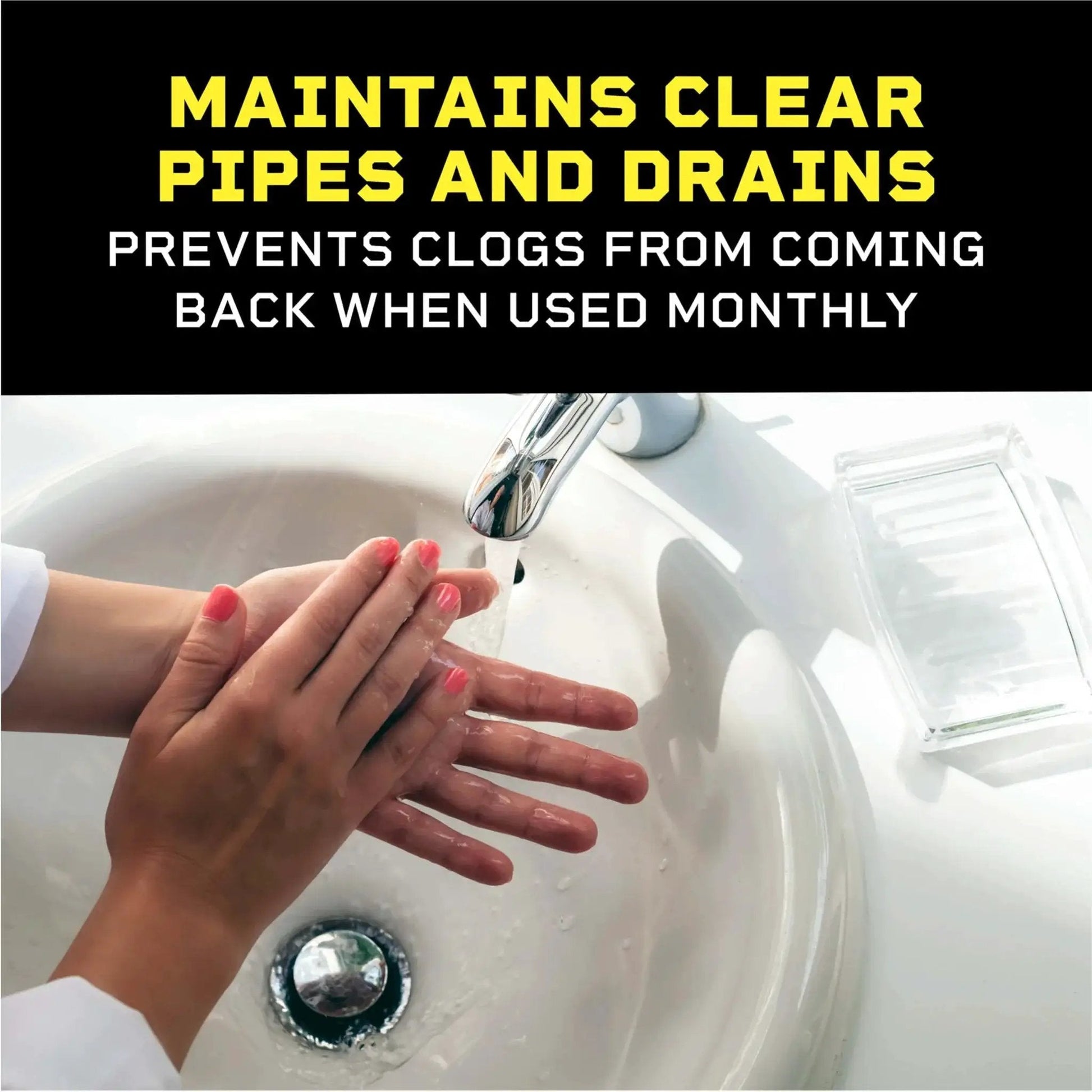 Hands washing in sink with text 'Maintains Clear Pipes and Drains' using Pro Strength Clog Destroyer Gel For Drains Liquid Drain Cleaner 80 Oz.