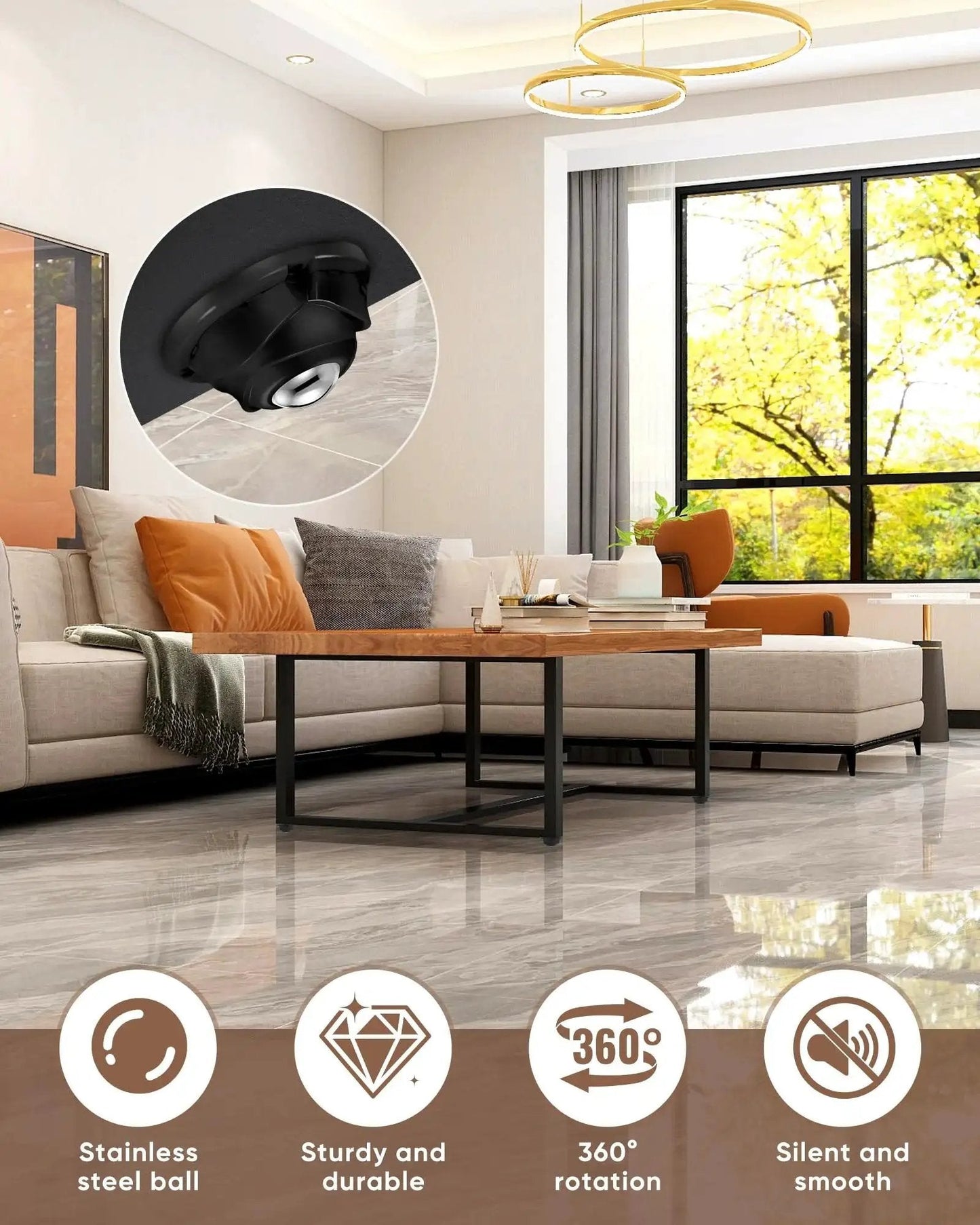 Living room with a sofa and close-up of 8 Pack Self Adhesive Caster Wheels 1 Inch Low Profile Swivel Casters With Stainless Steel Anti Rust Wheels 360 Degree Rotation For Furniture Storage Bins Black Supports Up To 200 Lbs Each Easy Install And Lightweight To Move Heavy Objects.