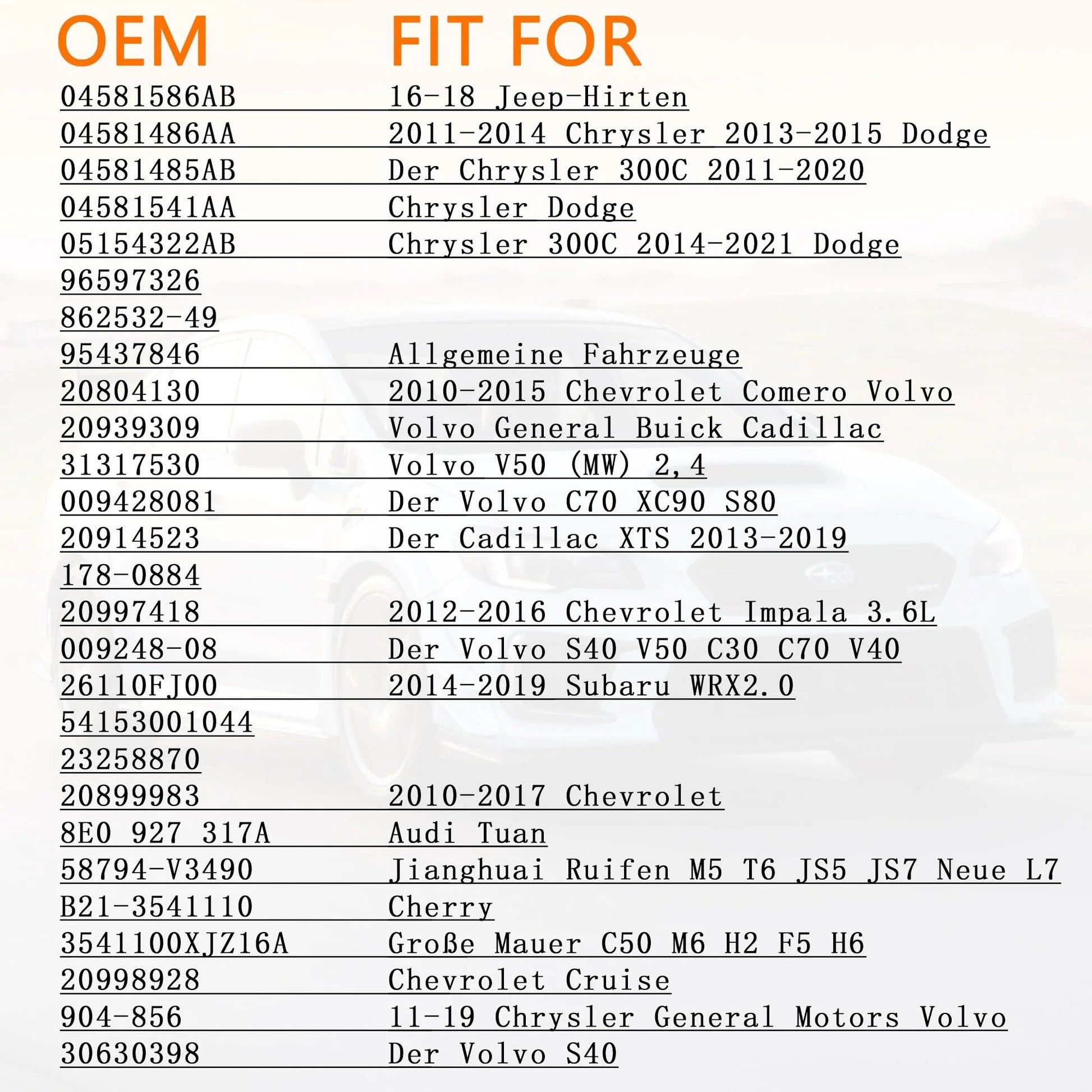 OEM and fitment list for various car models including GM, Chrysler, and Volvo, against a faint car background.