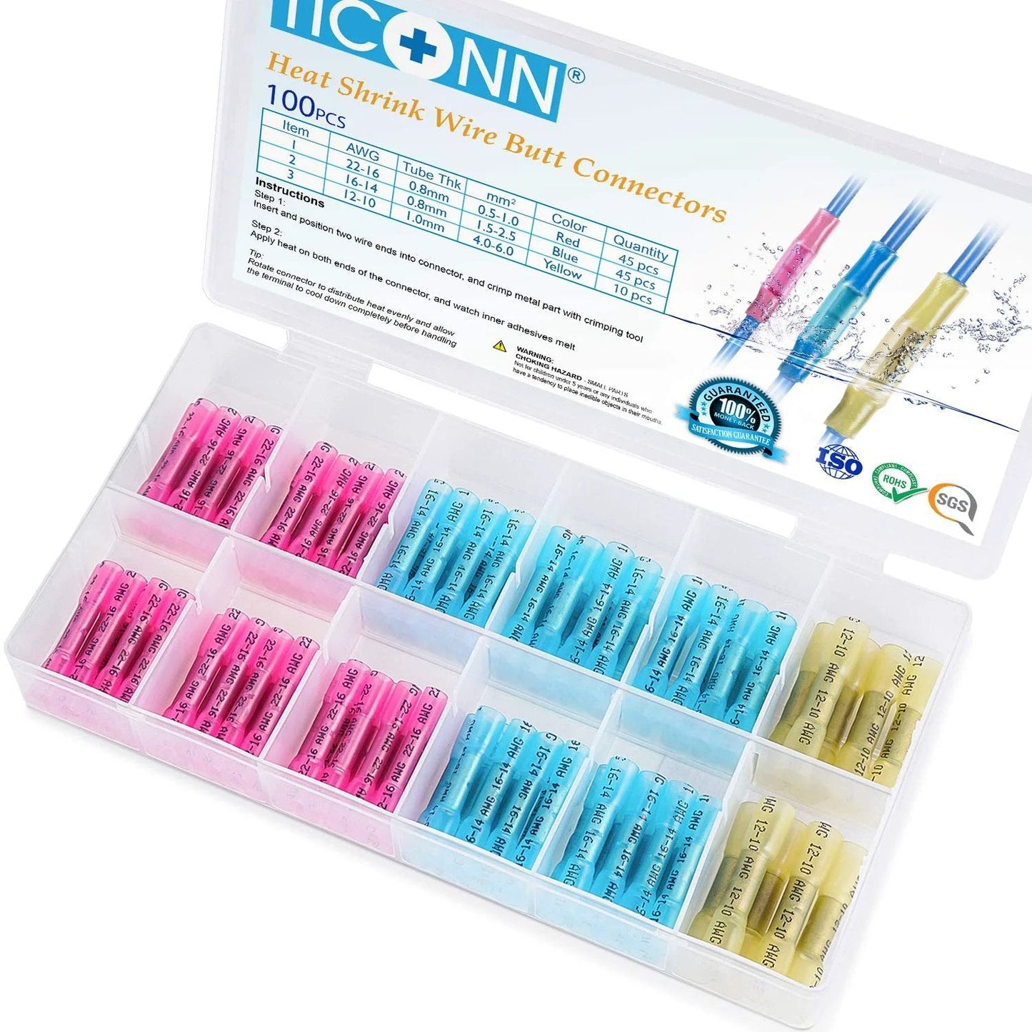 Heavy Duty Heat Shrink Butt Wire Connector Kit For Marine And Automotive Wiring, Insulated Waterproof Crimp Terminals, 100 Piece Pack By TICONN