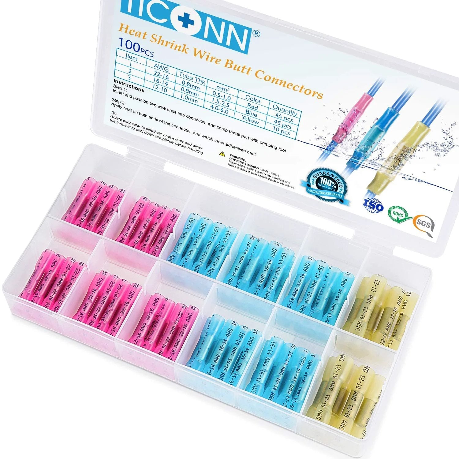 Heavy Duty Heat Shrink Butt Wire Connector Kit For Marine And Automotive Wiring, Insulated Waterproof Crimp Terminals, 100 Piece Pack By TICONN