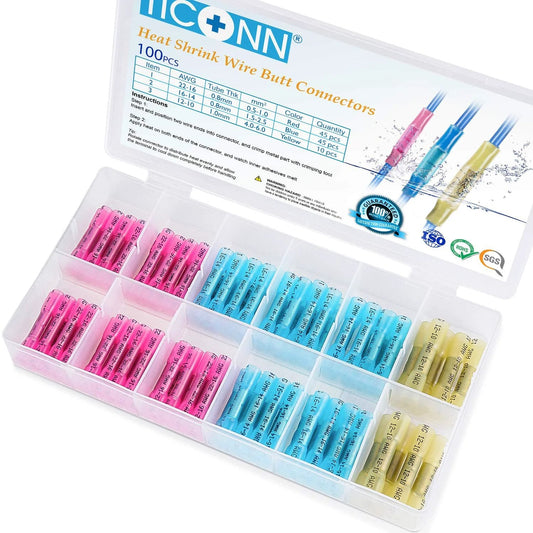 Heavy Duty Heat Shrink Butt Wire Connector Kit For Marine And Automotive Wiring, Insulated Waterproof Crimp Terminals, 100 Piece Pack By TICONN