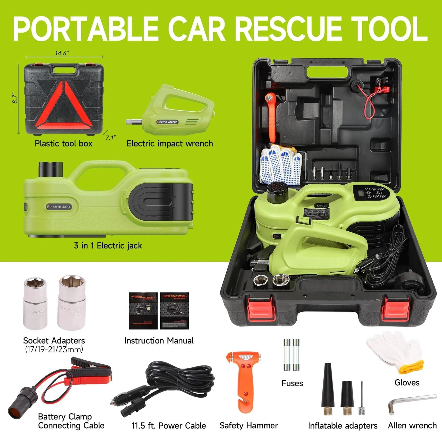 Electric Car Jack Kit 5T 12V Hydraulic Tire Jack With Dual Cylinder Air Pump included in a portable case with tools
