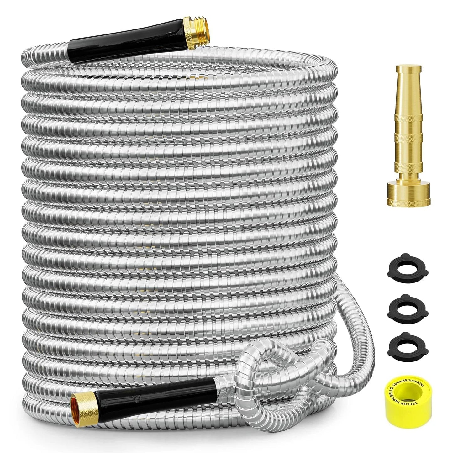 Durable 50 Foot 304 Stainless Steel Garden Hose With Solid Brass Connectors And Rubber Grip Flexible Metal Water Hose No Expandable For Yard And Outdoor Use No Hassle Setup For Leak Free Rinsing, coiled with brass fittings and accessories displayed