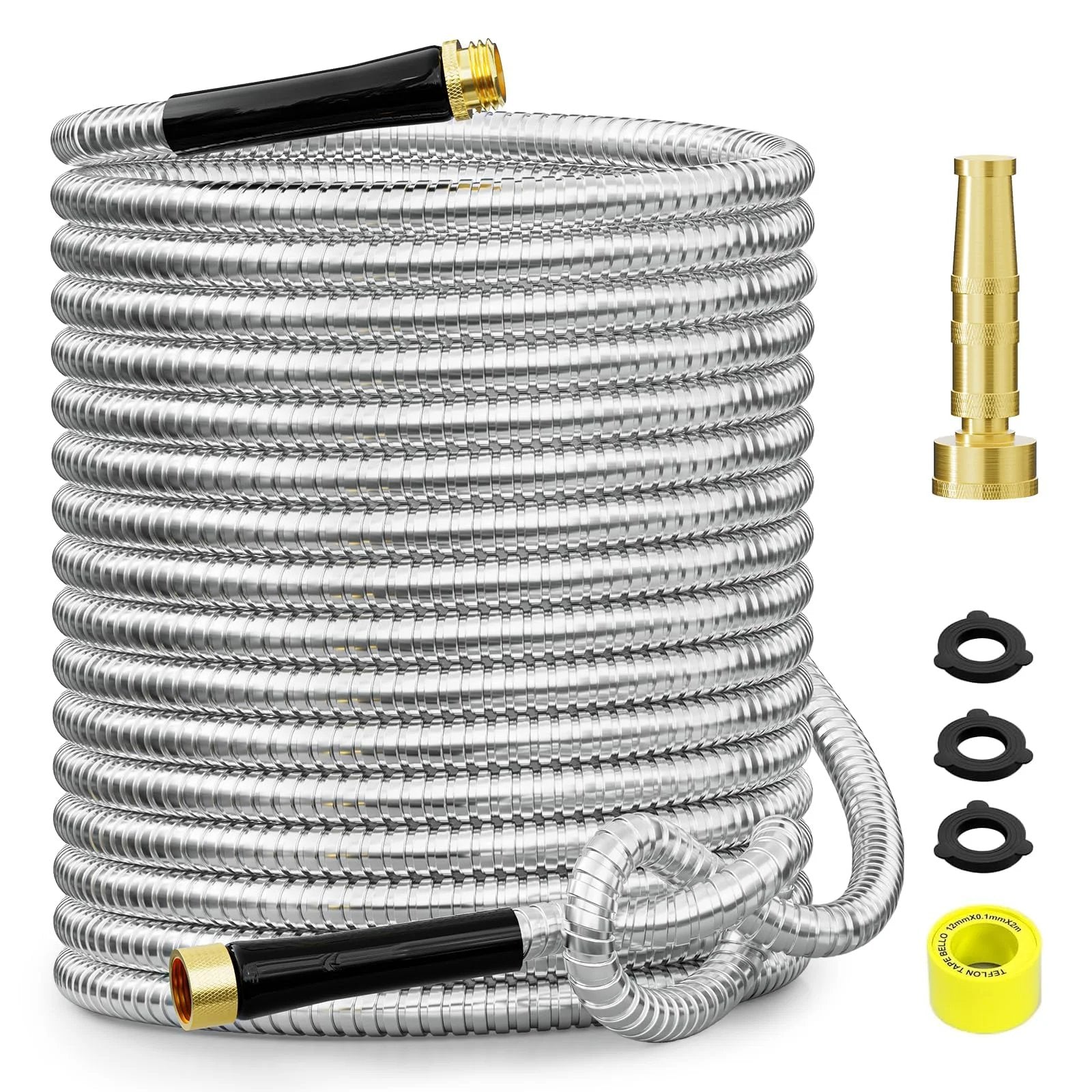 Durable 50 Foot 304 Stainless Steel Garden Hose With Solid Brass Connectors And Rubber Grip Flexible Metal Water Hose No Expandable For Yard And Outdoor Use No Hassle Setup For Leak Free Rinsing, coiled with brass fittings and accessories displayed