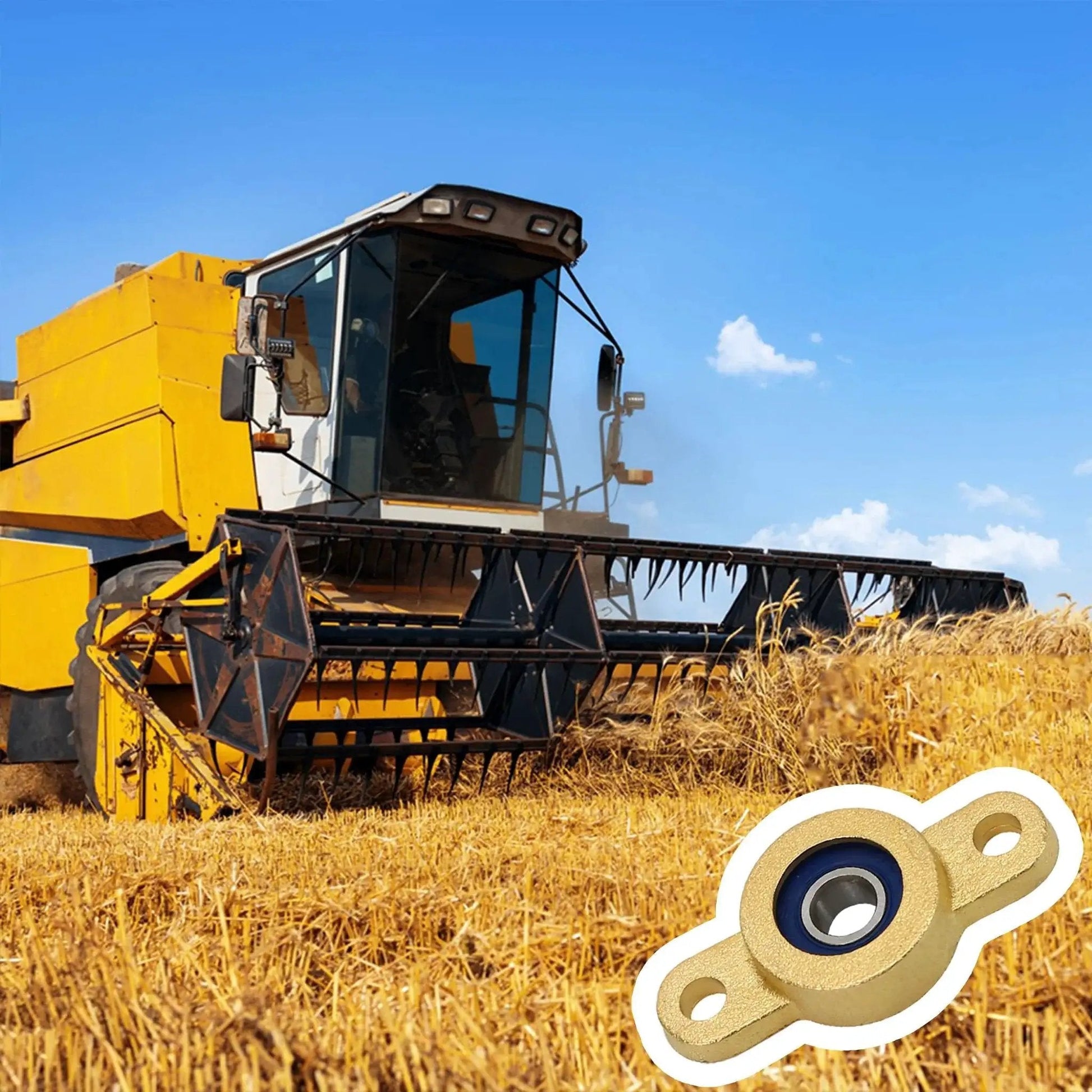 Two Pack Pillow Block Bearing For 6.35mm Shaft With One Quarter Inch Bore shown with yellow harvester in wheat field.