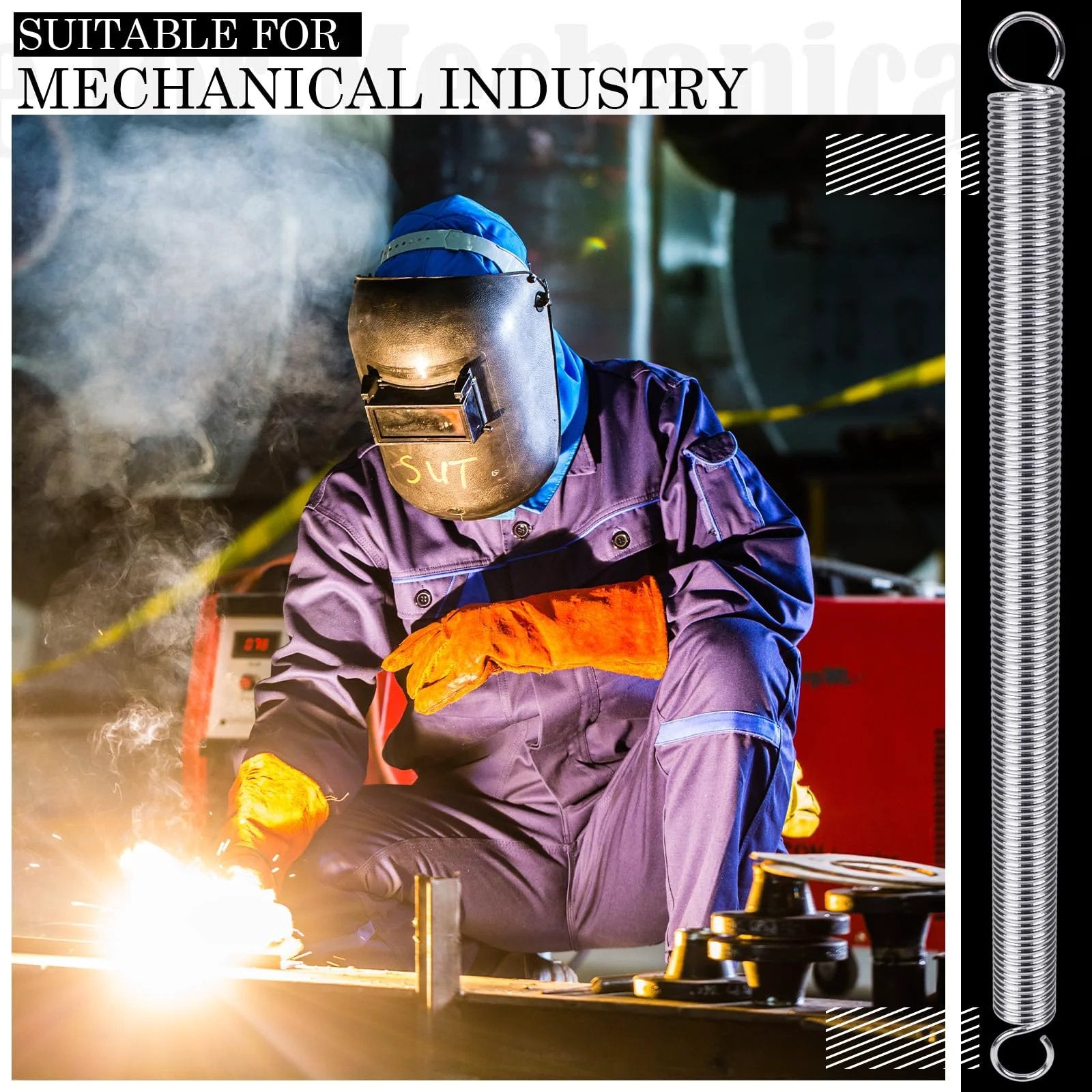 Welder working in industrial setting beside Six Pack Extension Springs 3/8 By 6-1/2 Inch 0.047 Inch Dual Hook Tension Springs