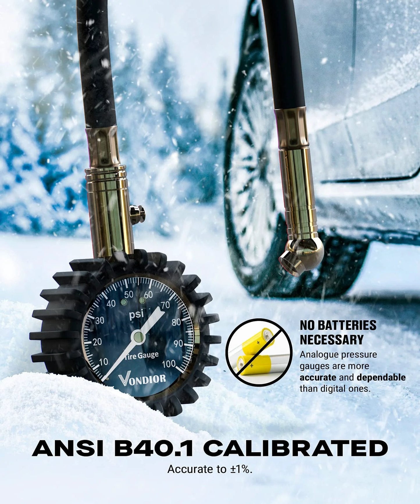 Glow Dial Tire Pressure Gauge 0 to 100 PSI For Cars And Trucks ANSI B40.1 Certified Large 2 Inch Easy Read Gauge in snow
