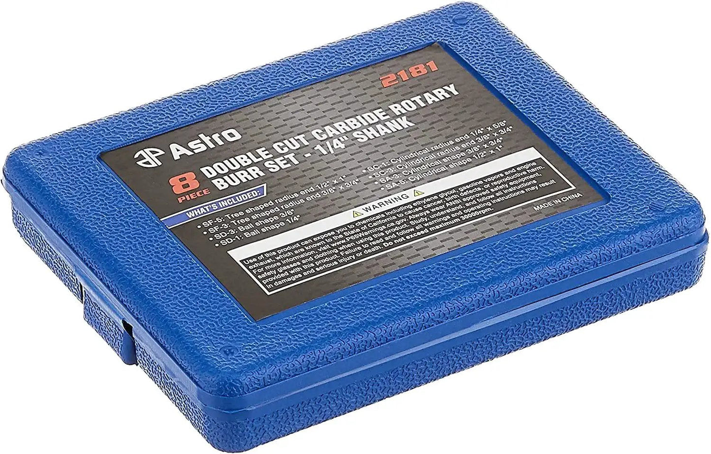 Closed blue blow-molded case of Double Cut Carbide Rotary Burr Set For Pro Grade Porting And Hole Opening, 8-Piece With 1/4 Inch Shank, Sintered Tungsten Carbide.