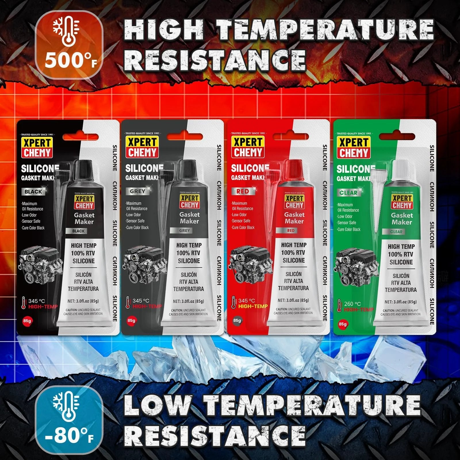 Assortment of RTV Silicone Gasket Maker for Automotive High Temp Sealant in multiple colors, showcasing high and low temperature resistance packaging.