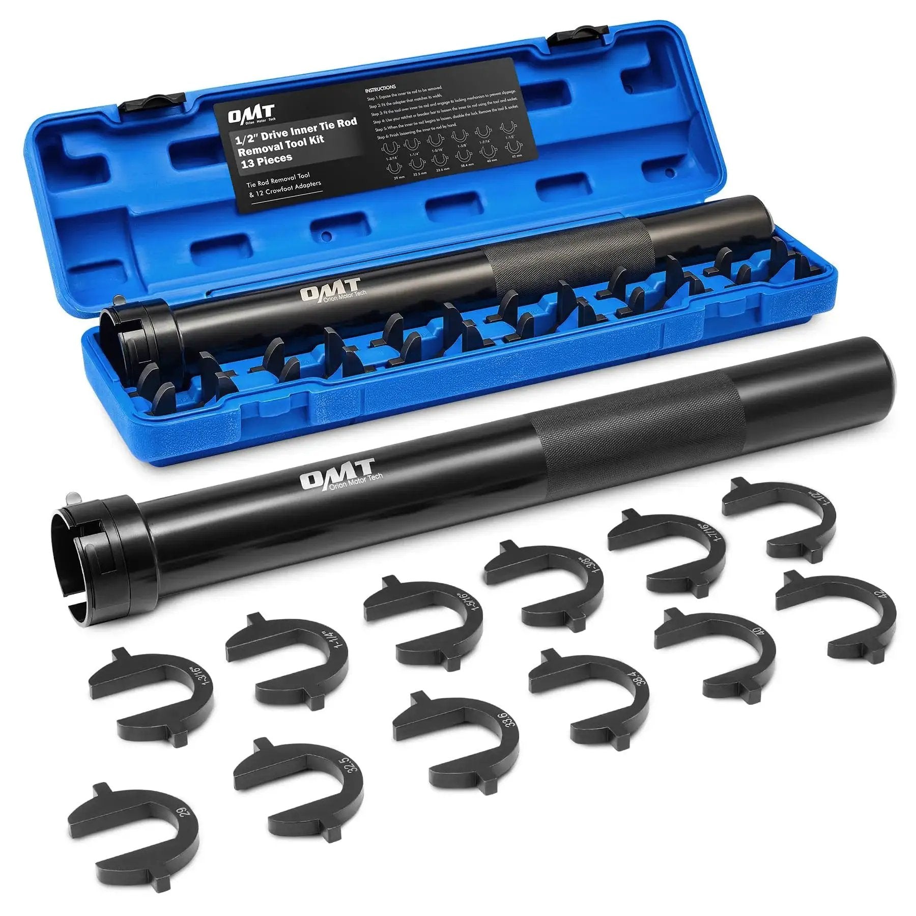Inner Tie Rod Removal Tool Kit With 12 Crowfoot Adapters One Half Inch Drive, includes blue case and steel components.
