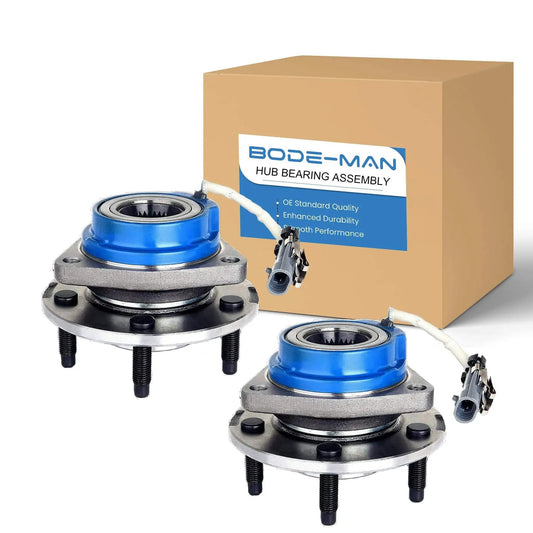 Front Wheel Hub Bearing Assembly Pair with ABS Sensor for 2000-2013 Chevy Impala Monte Carlo, set next to branded box.