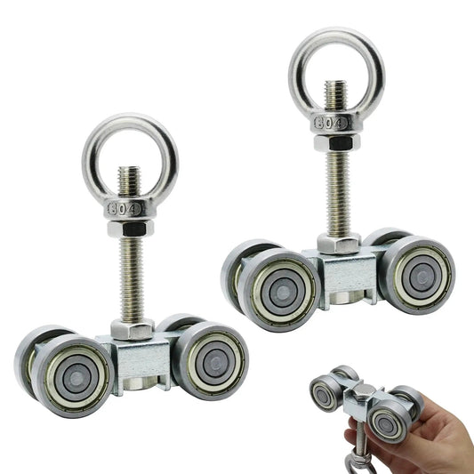Four Wheel Trolley Assembly With Super Silent Pulley And M10 Bolt Plus Lifting Eye Nut, Pack of Two shown in hand and side view.