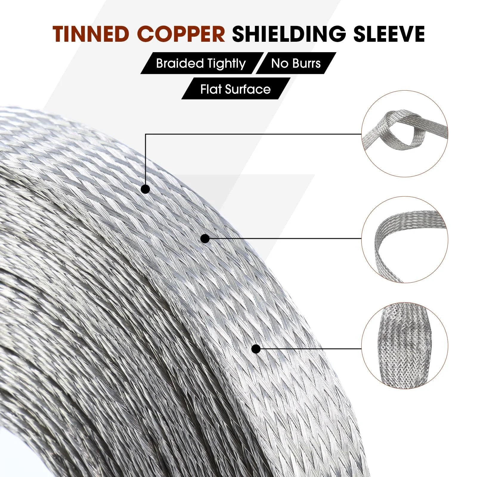 Tinned Copper Braided Ground Strap Shielding Sleeve For Quick Bonding And EMI Interference Shielding, Flat Mesh Cable Sheath