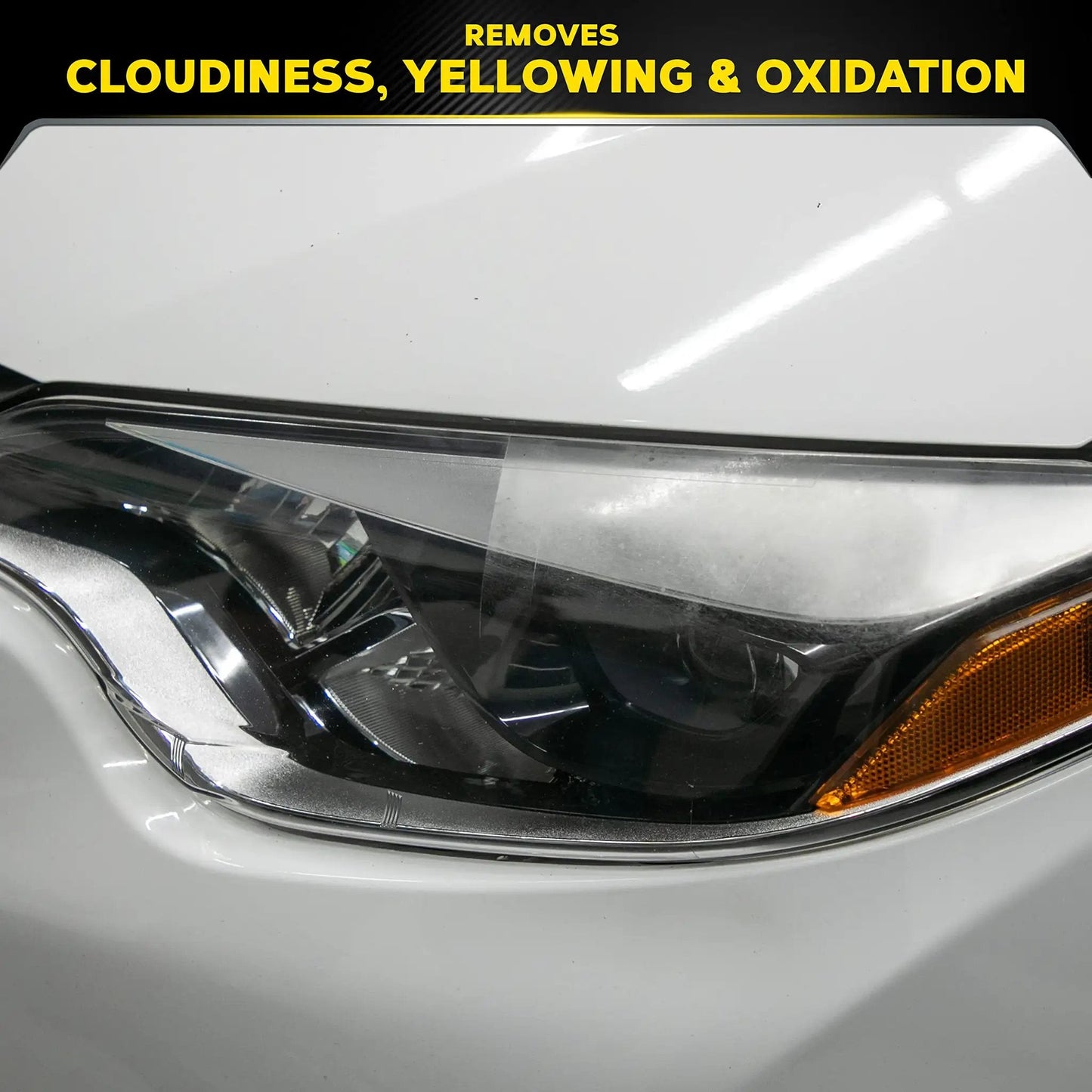 Close-up of a car headlight showing clarity restoration with Plastic Clear Cleaner And Polish For Cars That Wipes Out Yellowing Cloudiness And Scratches Restores Headlight Clarity Meguiars PlastX G12310C For Headlight Restoration And Plastic Accessories.