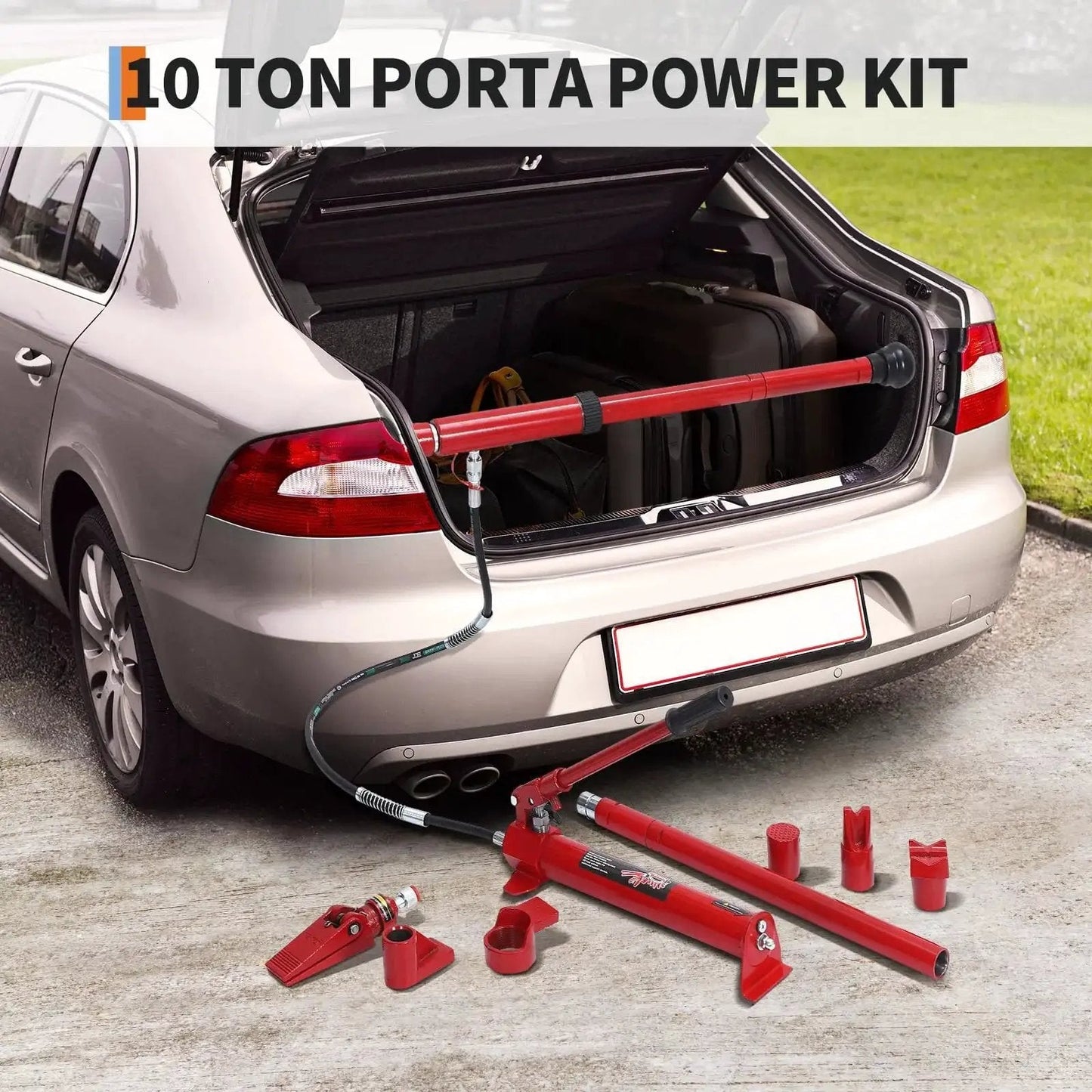 10 Ton Hydraulic Porta Power Kit With Wheeled Case Ram Pump Hose For Automotive demonstrated at a car trunk