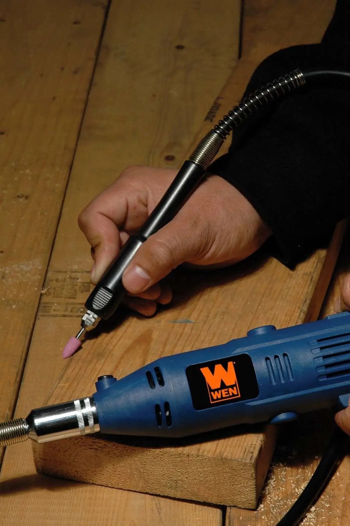 All Purpose Rotary Tool Kit With Flex Shaft From WEN, 80 Piece Accessory Set, Variable Speed 8000 To 30000 RPM in use on wood