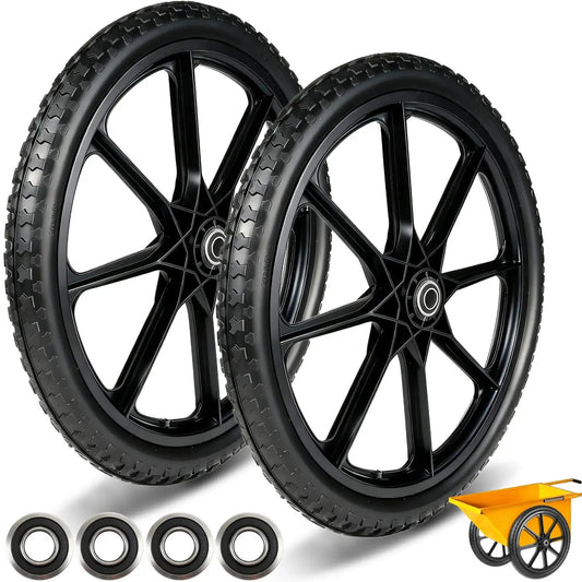 20 Inch Flat Free Wheel And Tire For Wheelbarrow And Garden Cart Replacement Pack Of 2 shown with bearings and cart