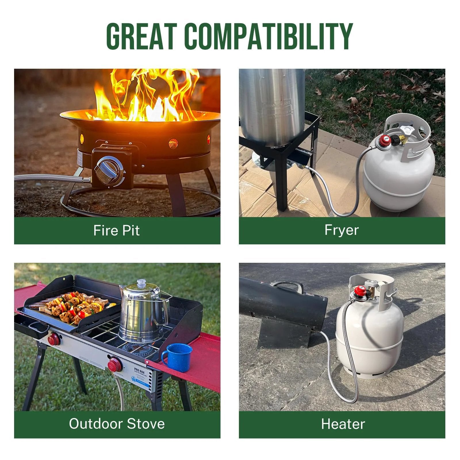 Adjustable 0-20 PSI Propane Regulator with 4 Foot Braided Hose for BBQ grills, fryers, outdoor stoves, and heaters, shown in use.