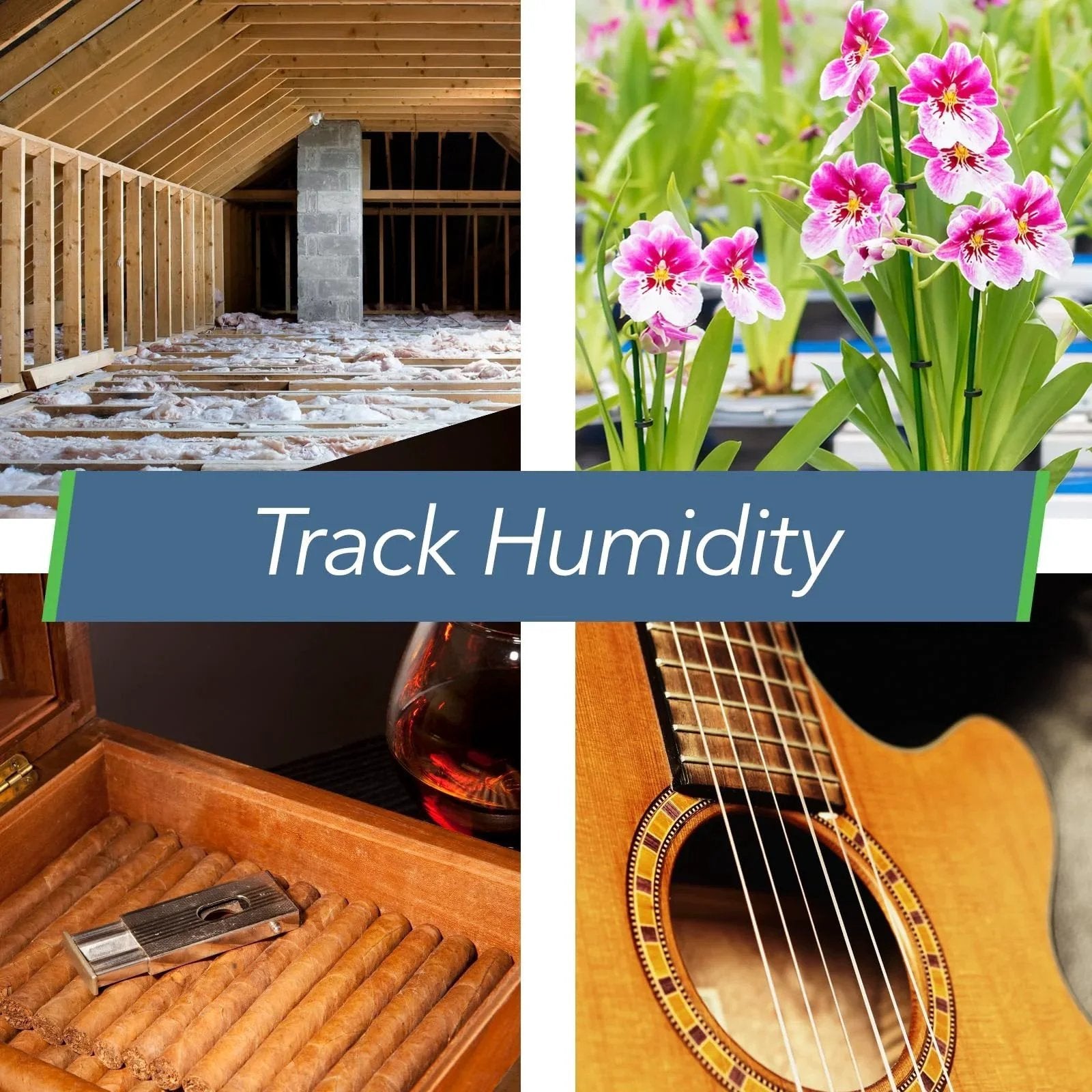 Smart Temperature And Humidity Sensor With App Monitoring From SensorPush HT1 Thermometer Hygrometer For Indoor And Outdoor Use Including Heat Index For RV Fridge And More, showing various uses like indoor spaces, gardens, and storage areas.