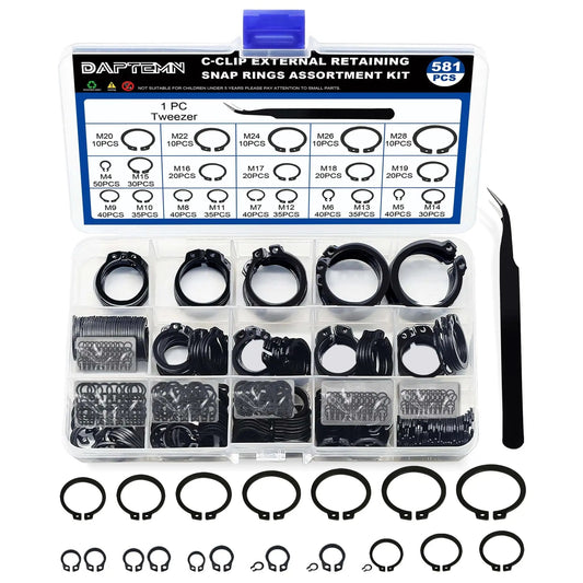Pro Grade External Retaining Rings Kit With 580 Pcs Circlip Snap Ring Set For Bearings M4 To M28 In Black Alloy Steel Includes 1 Pc Tweezers And Easy Storage Case From Daptemn