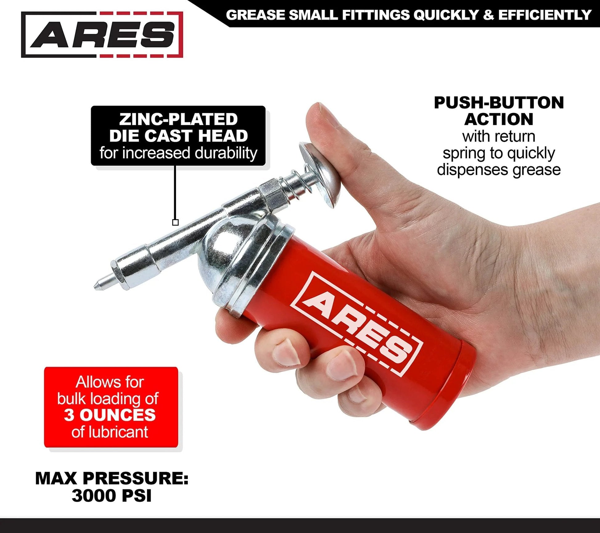 Push Type Mini Grease Gun With Needle Nozzle For Small Fittings, Grab And Go One Handed Operation, 3 Ounce Capacity, 3000 PSI Working Pressure, ARES 53010