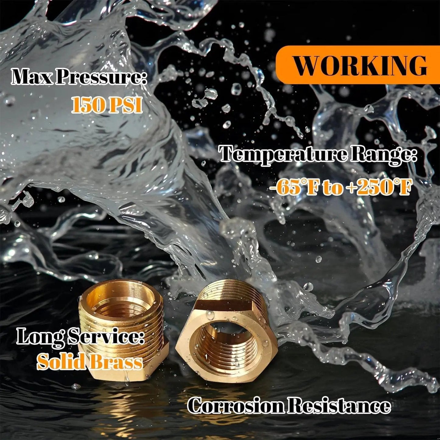 2 Pack Brass NPT Reducer Bushing Three Quarter Inch Male To One Half Inch Female Hex Reducing Pipe Fitting in water splash