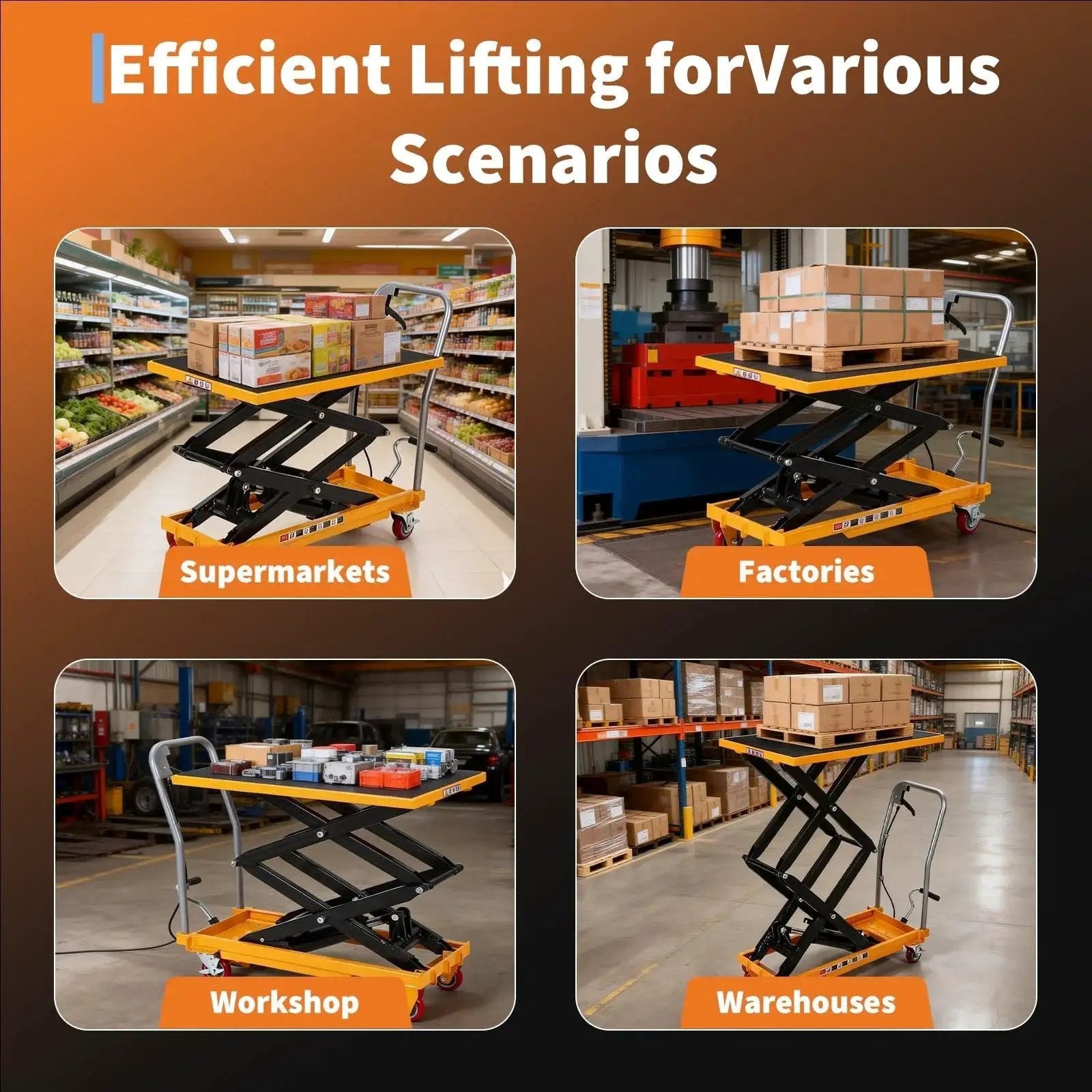 Hydraulic Lift Table Cart 330 Lb Capacity 50 Inch Lift Manual Scissor 4 Wheels in various scenarios including workshop and warehouse