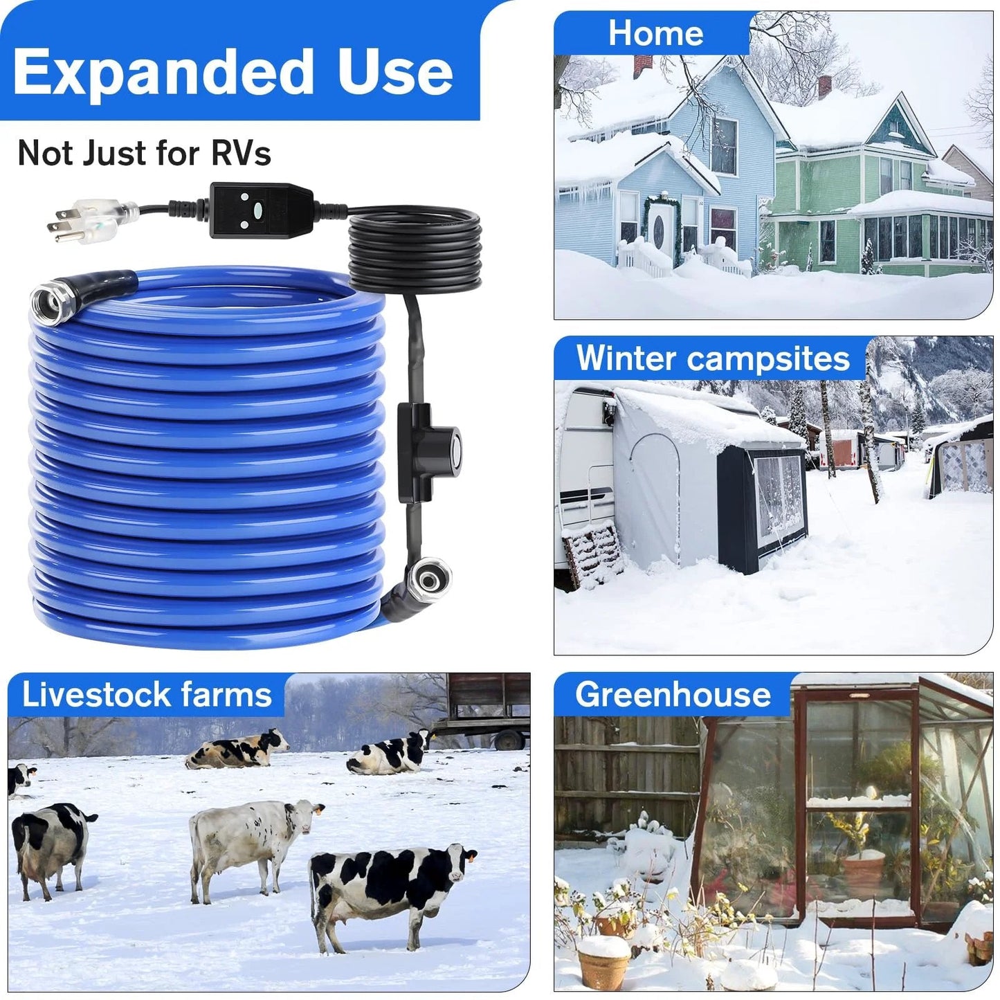 Heavy Duty Heated RV Water Hose 100 Ft Five Eighths Inch With Auto Thermostat For Freezing Weather Anti Freeze Drinking Water Line 25mm Thick Upgrade Flexible Durable Leak Free Fittings US Standard shown with usage examples including home, winter campsite, livestock farm, and greenhouse.