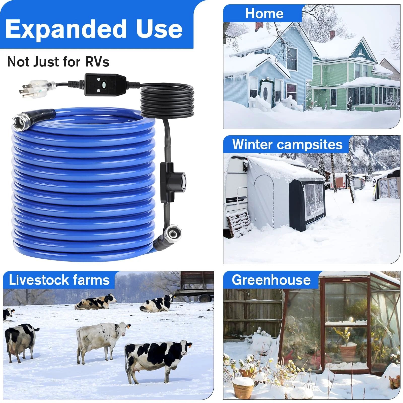 Heavy Duty Heated RV Water Hose 100 Ft Five Eighths Inch With Auto Thermostat For Freezing Weather Anti Freeze Drinking Water Line 25mm Thick Upgrade Flexible Durable Leak Free Fittings US Standard shown with usage examples including home, winter campsite, livestock farm, and greenhouse.