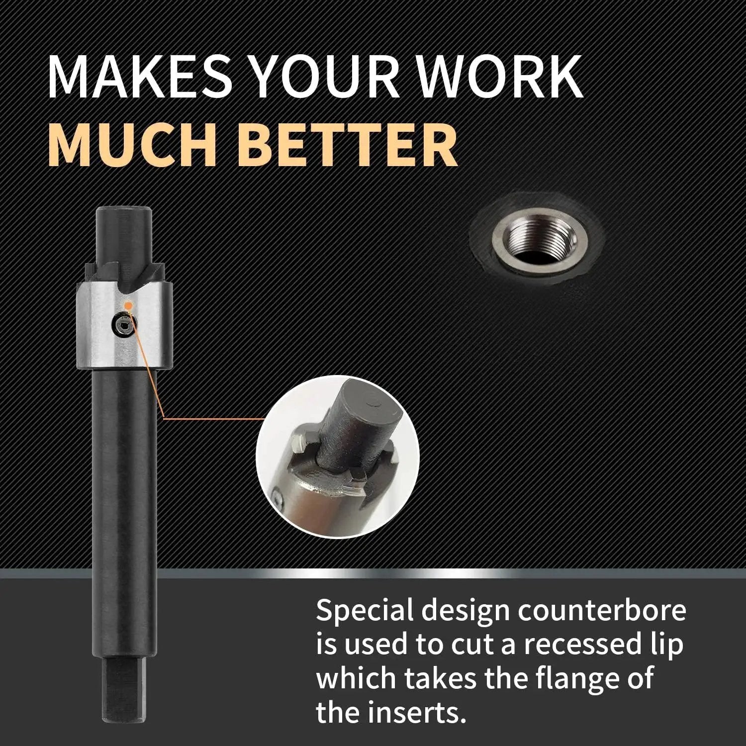 Close-up of M8x1.25 Thread Repair Kit with 11.7mm stainless inserts showing drill and special design counterbore.