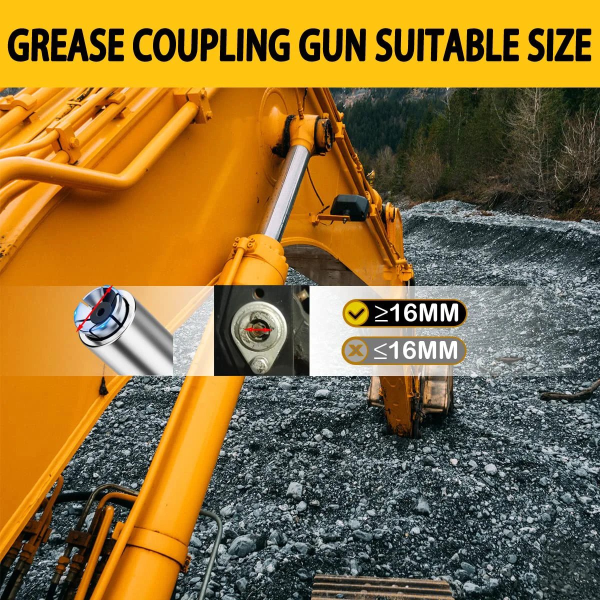 Excavator with grease gun coupling fitting, 16mm size indicator, Upgrade 2 Pack Lock On Grease Gun Couplers for Twelve Thousand PSI