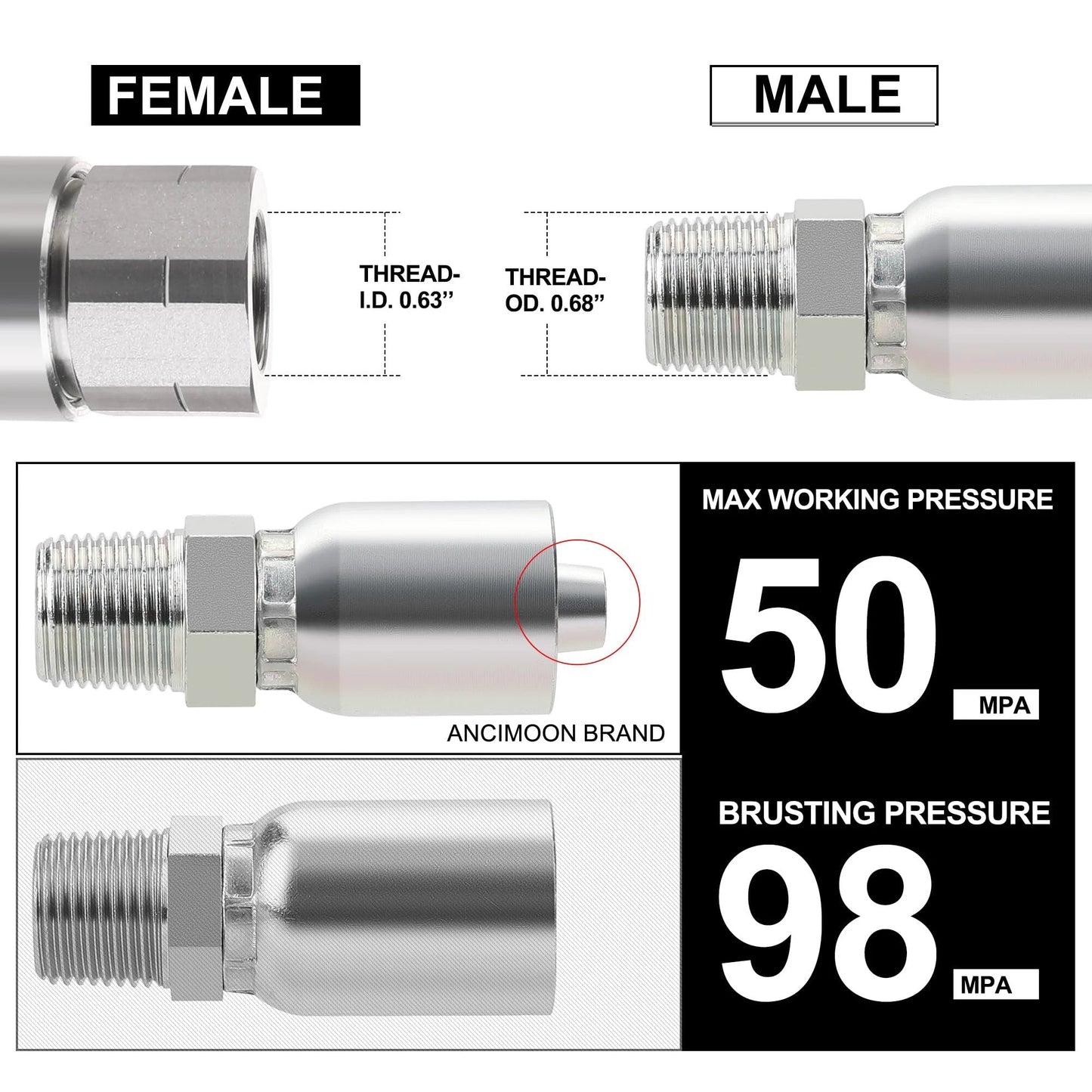 Crimp Fittings For 3/8 Inch Hydraulic Hose NPT Male End Set Of 10 For Single Wire Hydraulic Hose, detailed threading view.