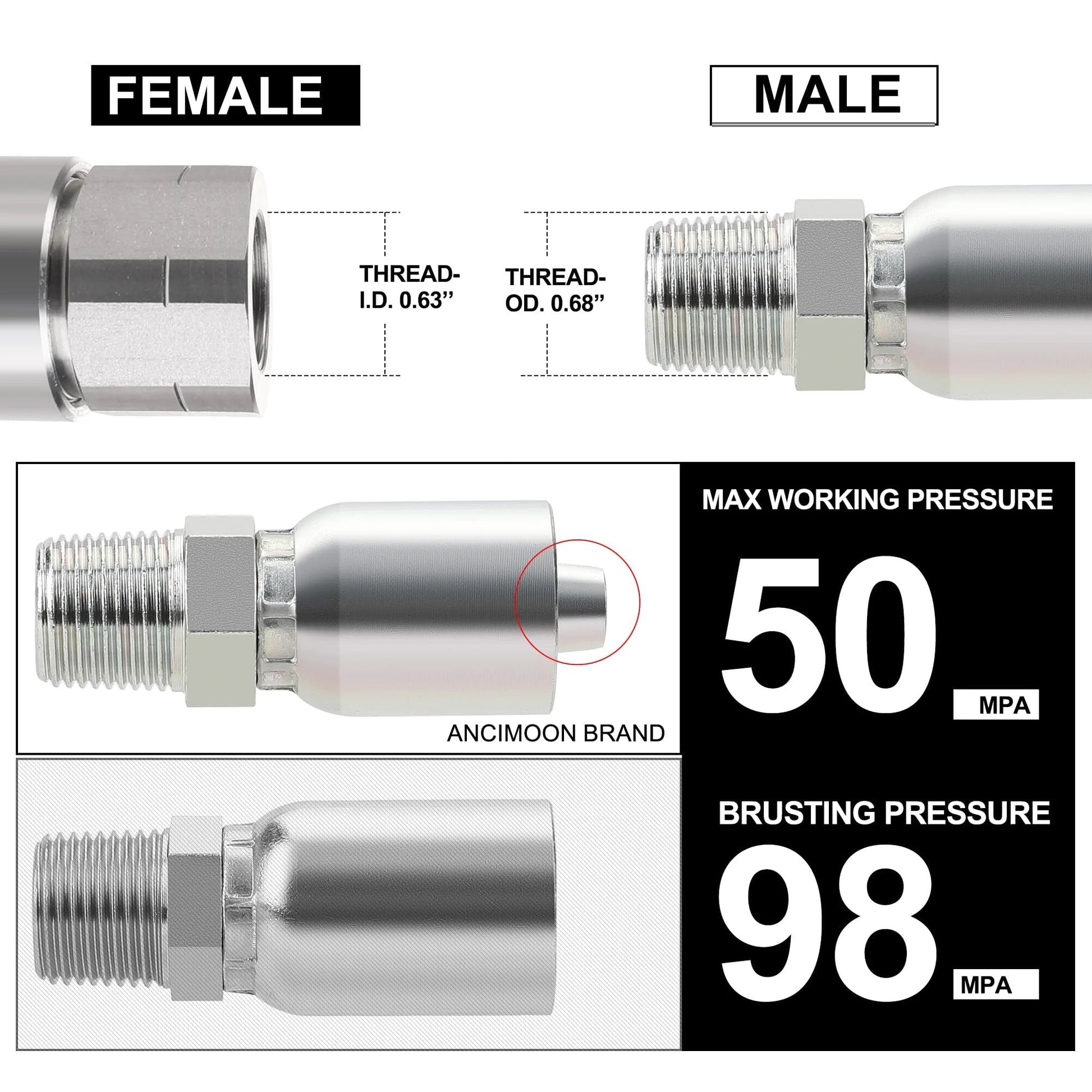 Crimp Fittings For 3/8 Inch Hydraulic Hose NPT Male End Set Of 10 For Single Wire Hydraulic Hose, detailed threading view.