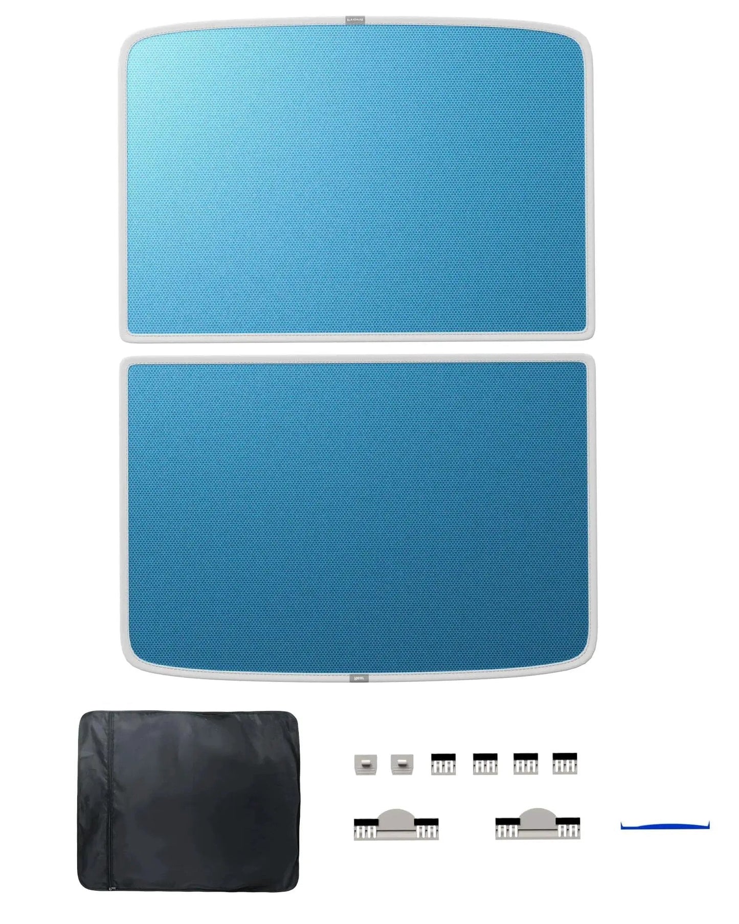Model Y Upgraded Magnetic Sunshade Ice Silver Nano Coating 2 Piece Set Blue with magnetic clips and carrying bag