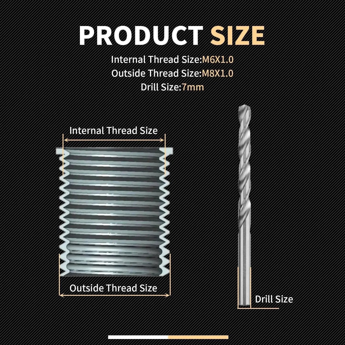 Image showing M6x1.0 Thread Repair Kit With 9.4mm Stainless Inserts, includes insert and drill size for thread repair.