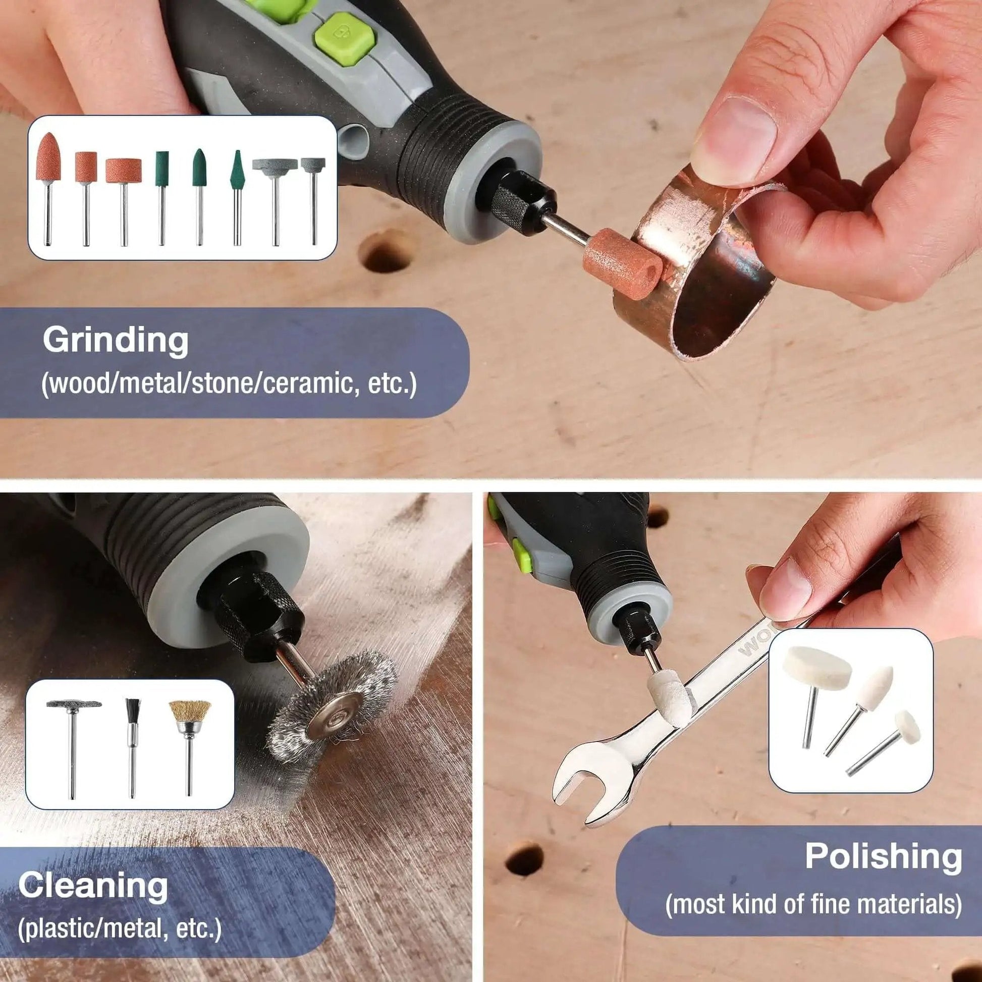 Close-up of All In One 530 Piece Rotary Tool Accessory Kit for grinding, cleaning, and polishing metal surfaces.