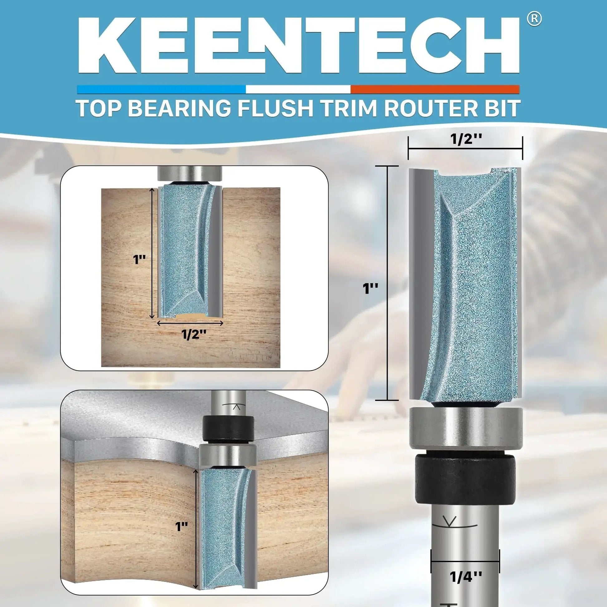 One Quarter Inch Shank Flush Trim Router Bit With Top Bearing And Carbide Tipped Pattern Bit For Template Routing And Straight Trimming