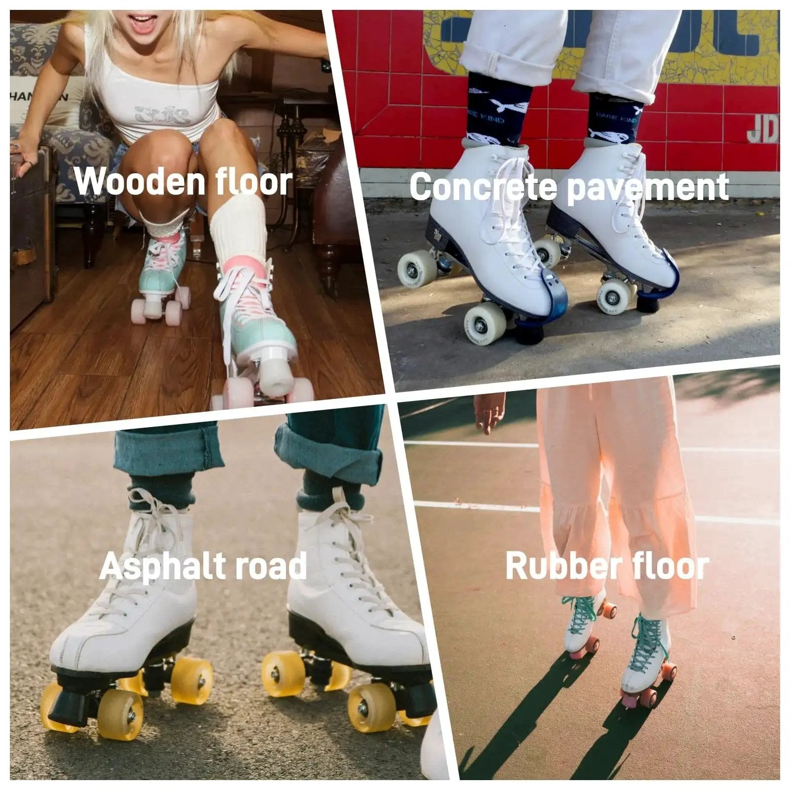 Collage of skaters using 78A Quad Roller Skate Wheels 65x36mm 8 pack on various surfaces: wood, concrete, asphalt, rubber.