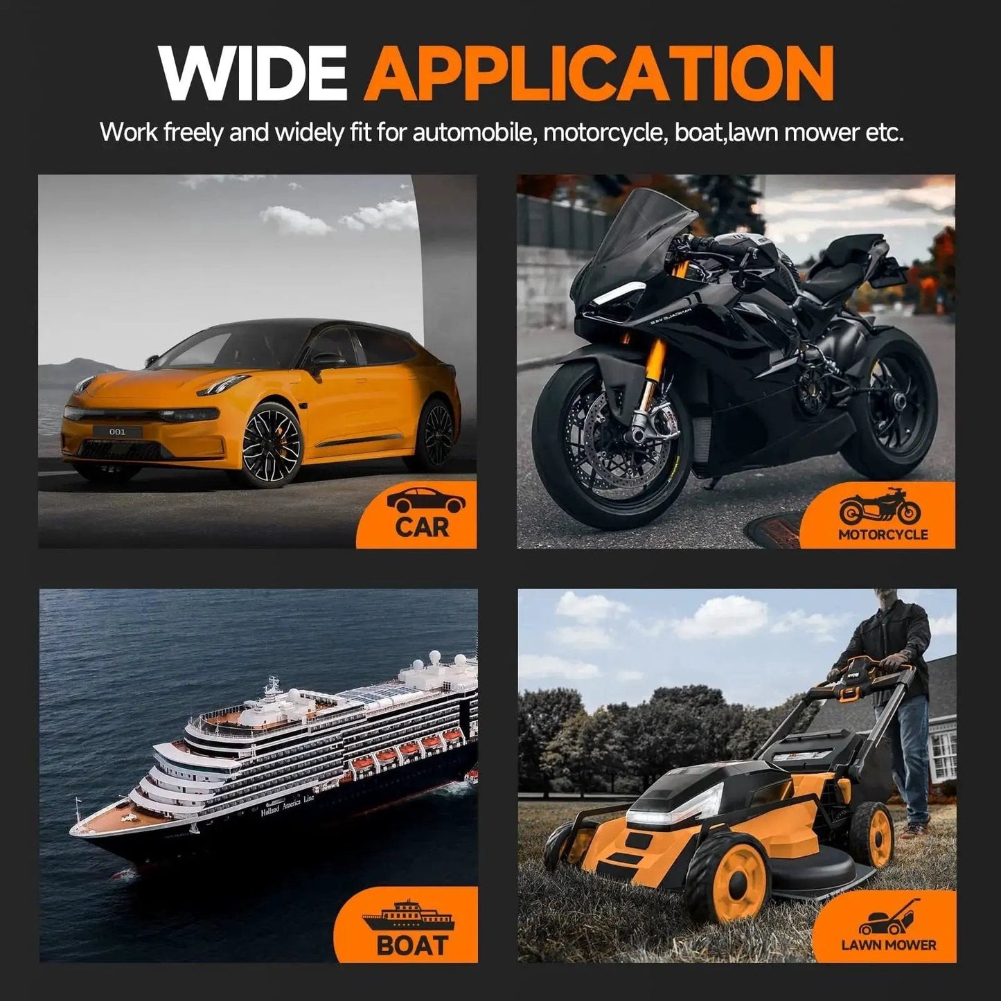 Collage showing a car, motorcycle, boat, and lawn mower with text 'Wide Application' highlighting uses of the Dual Mode Oil Extractor 6.5L for Oil Change with 4 Tubes and Brake Bleed Hose.